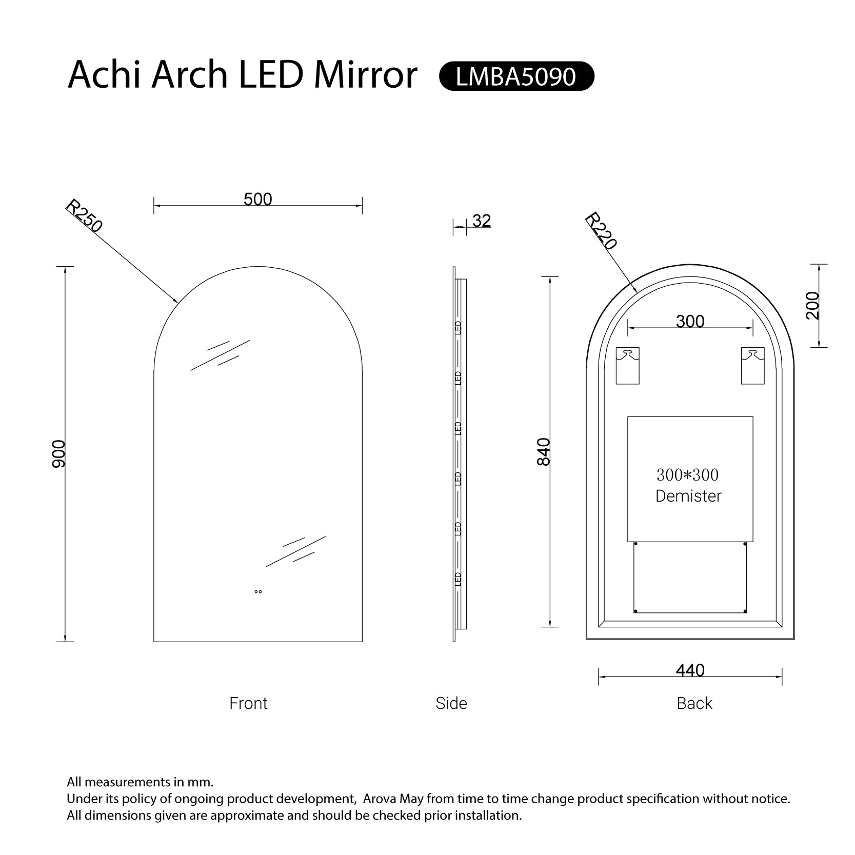Achi Frameless Anti-Fog Dimmable Arch Led Bathroom Mirror LED Mirror Arova