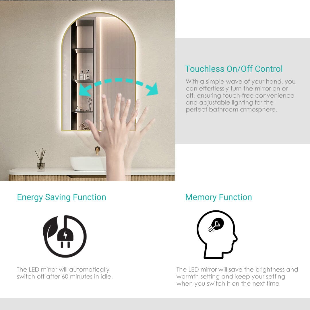 Achi Gold Frame Arch Led Bathroom Mirror Anti-Fog Dimmable LED Mirror Arova