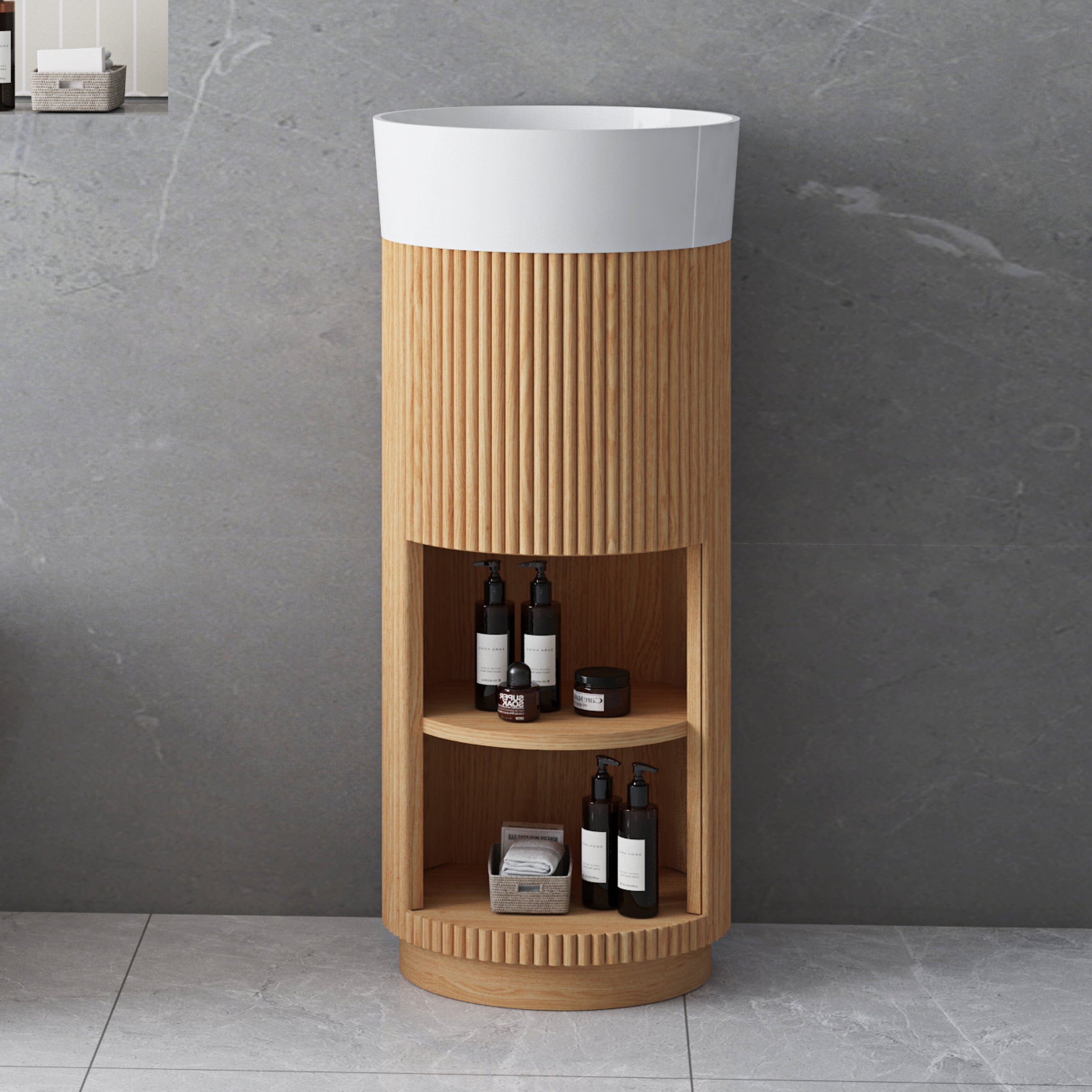 Aero Freestanding Small Vanity Light Walnut with White Solid Surface Basin Vanities Arova