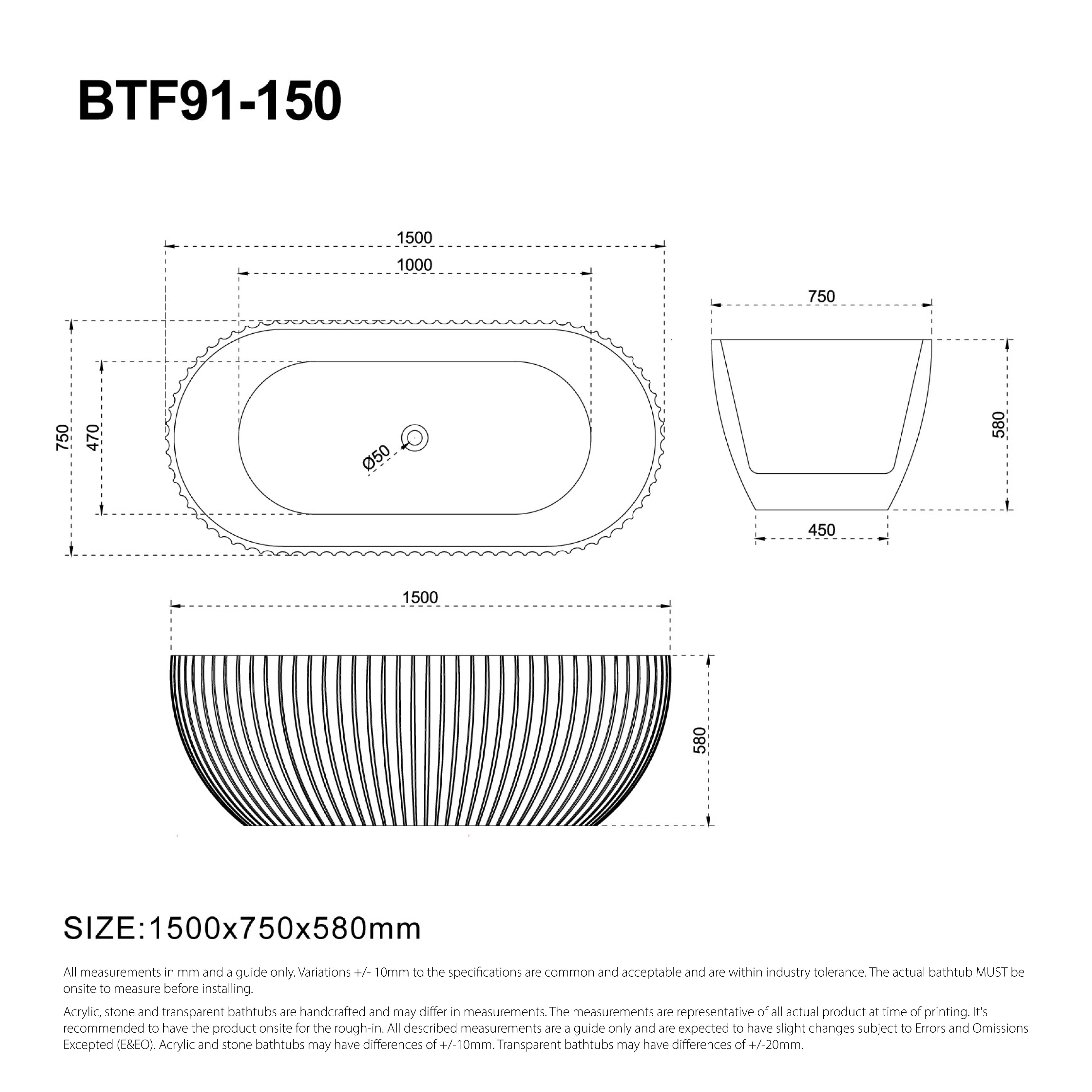 ALBA 1500mm Shell Fluted Oval Free Standing Bathtub Gloss White Baths AROVA