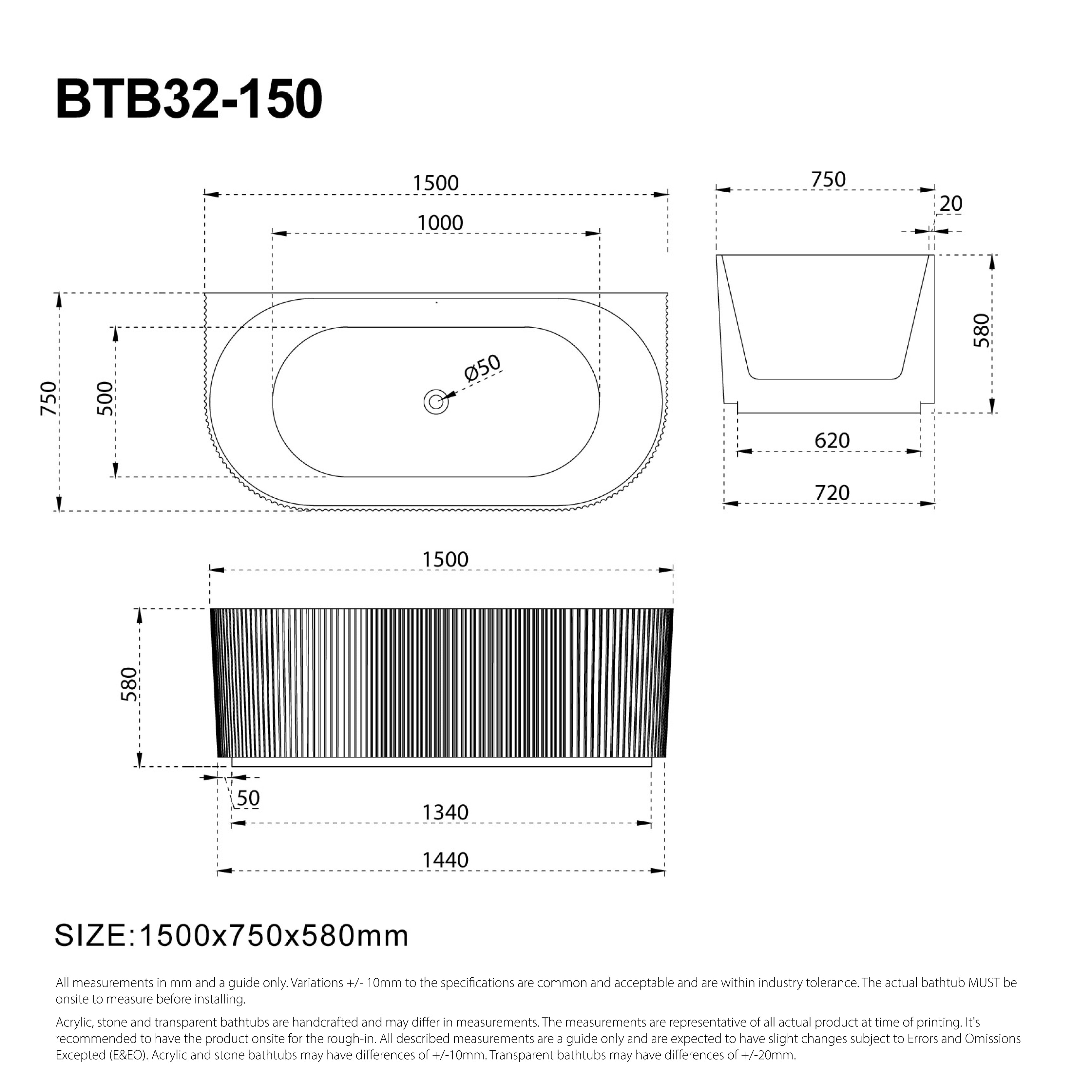 ARIA 1500mm V-Groove Fluted Back To Wall Free Standing Bathtub Matte White Baths AROVA