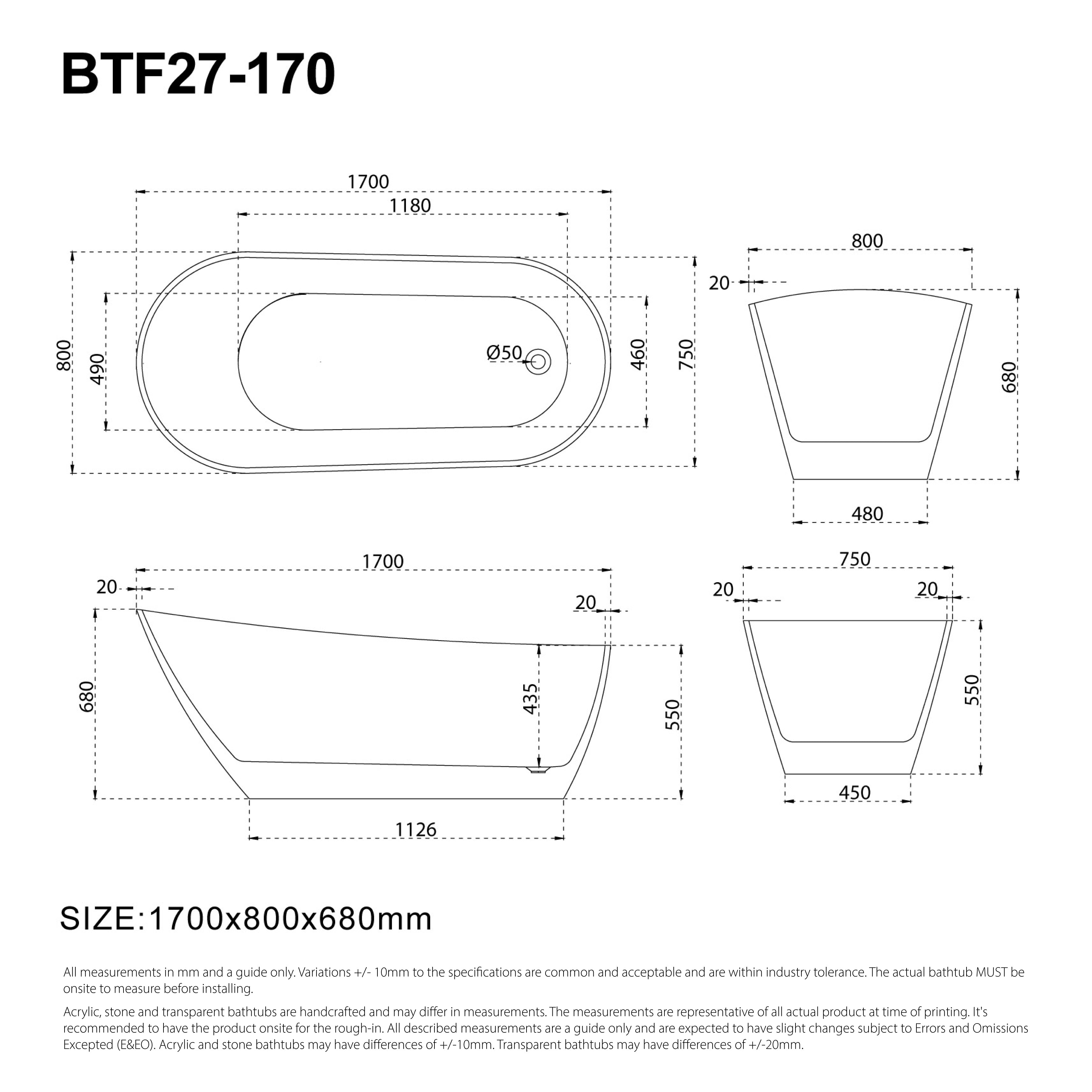 ASPEN 1700mm Single Slipper Free Standing Bathtub Gloss White Baths AROVA