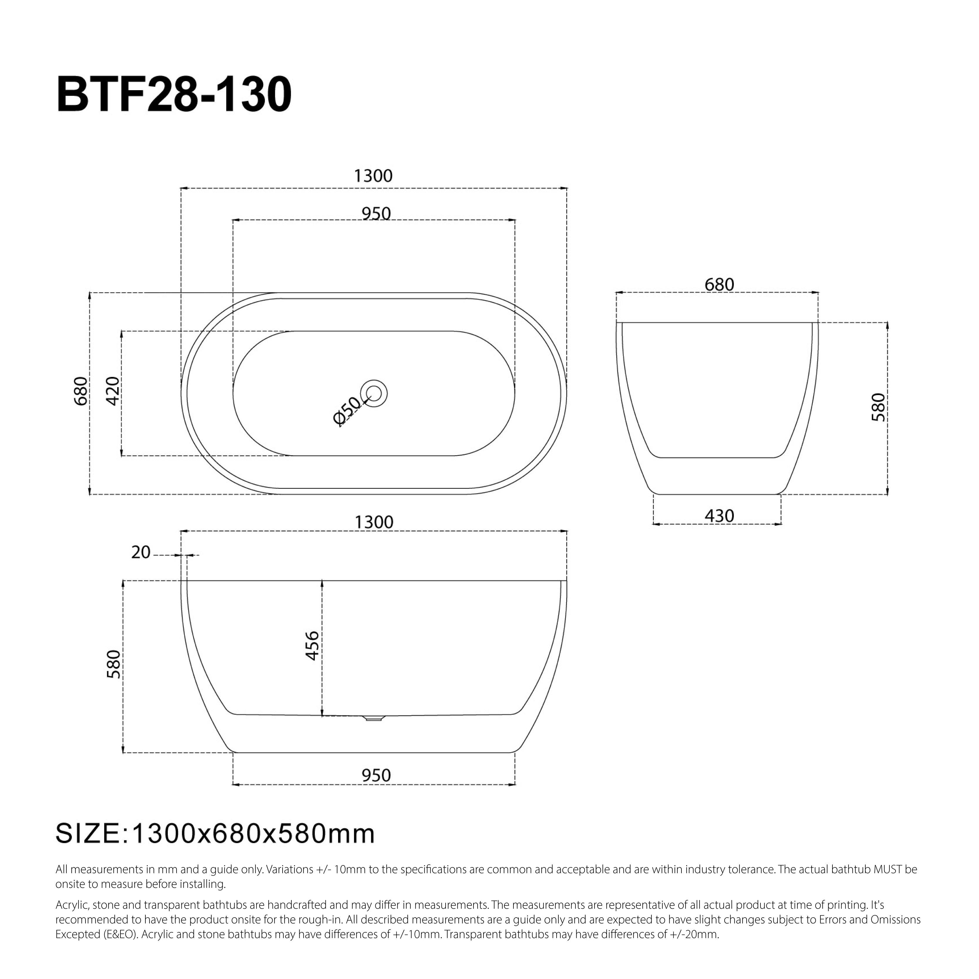 Ciao 1300mm Oval Free Standing Acrylic Bathtub Gloss White Baths AROVA