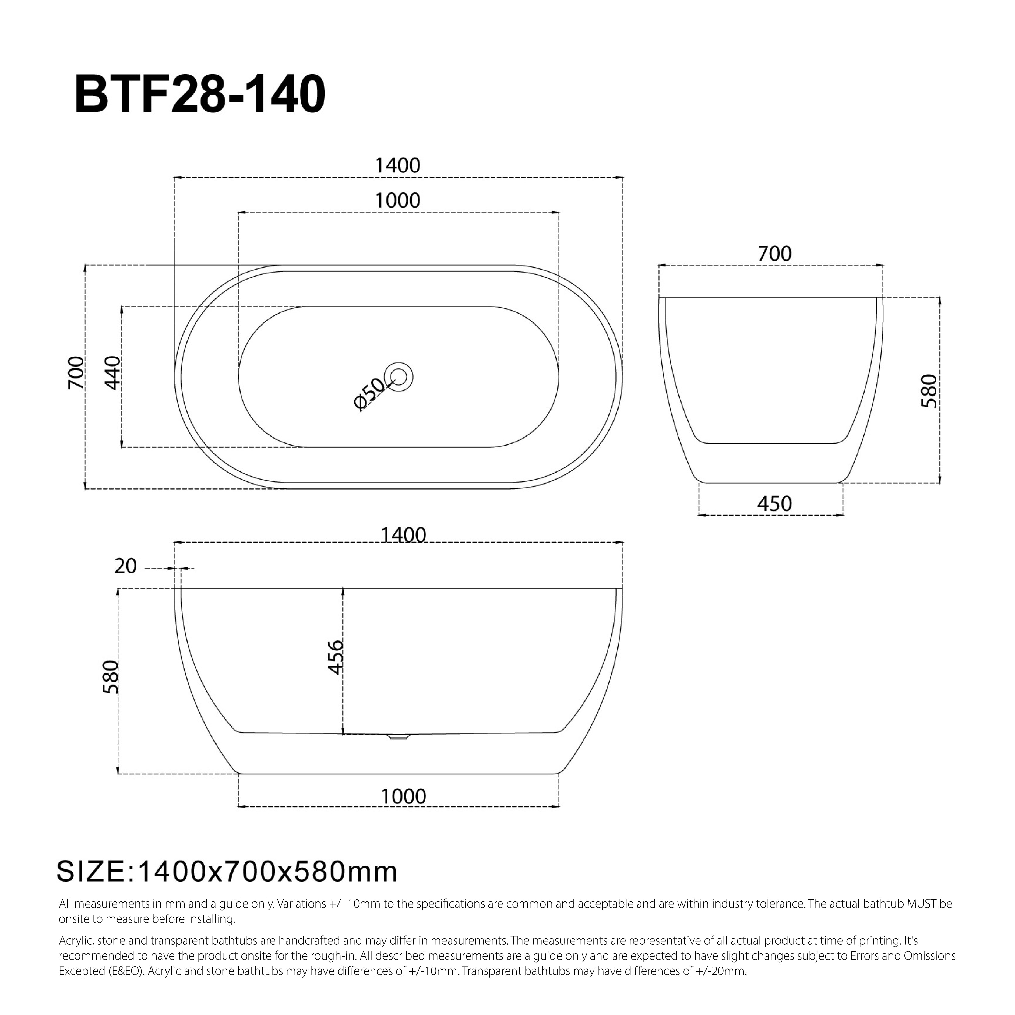 Ciao 1400mm Oval Free Standing Acrylic Bathtub Gloss White Baths AROVA