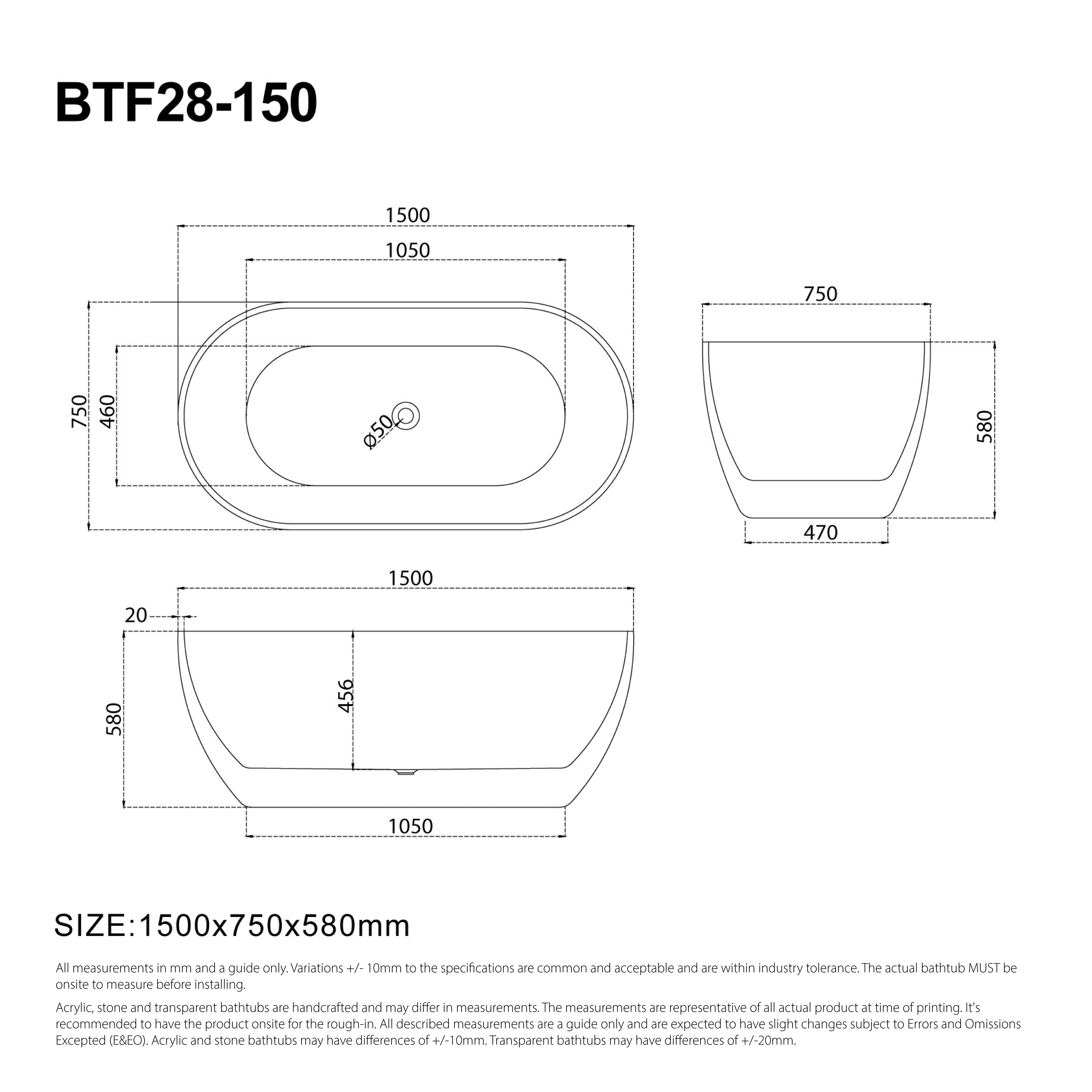 Ciao 1500mm Oval Free Standing Acrylic Bathtub Gloss White Baths AROVA