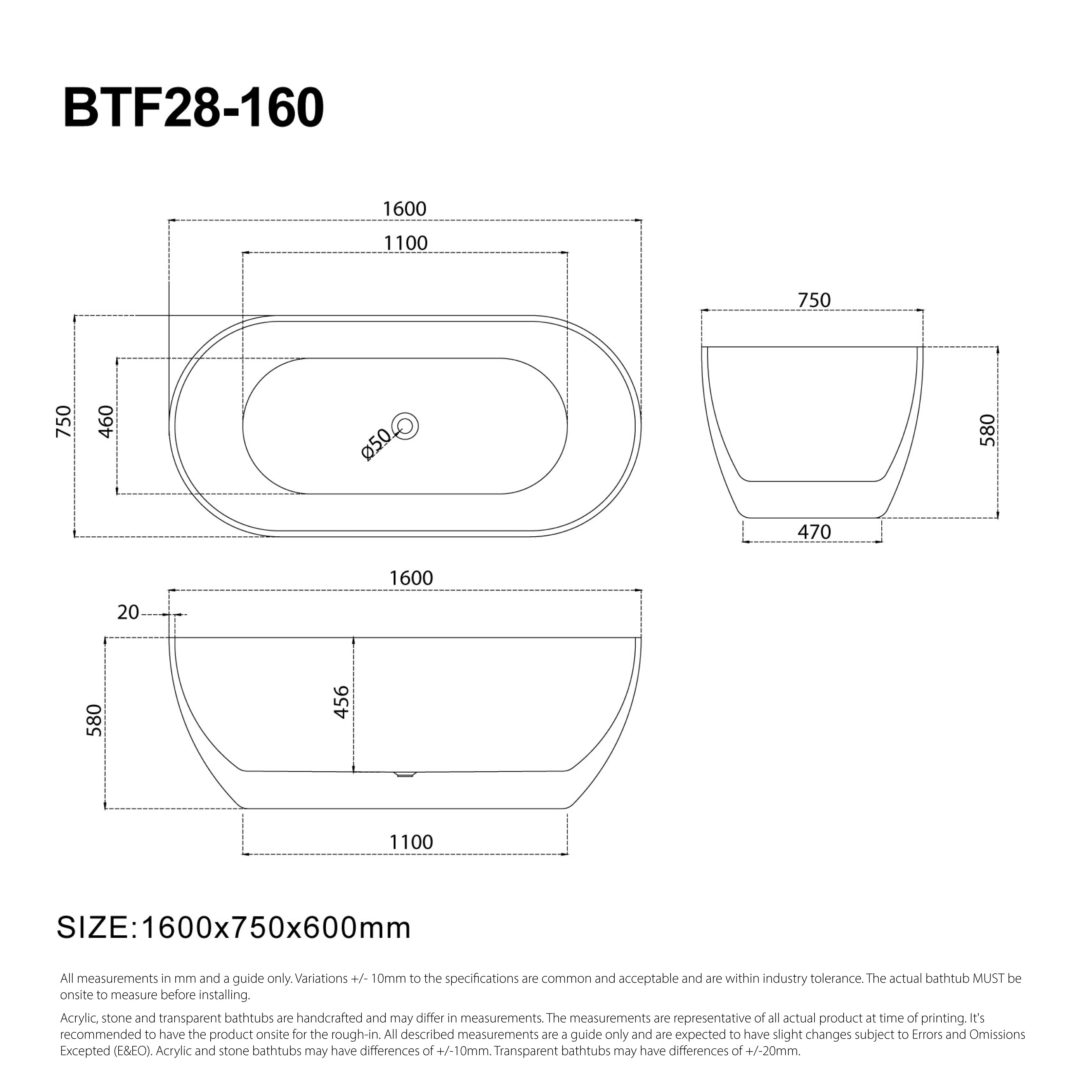 Ciao 1600mm Oval Free Standing Acrylic Bathtub Gloss White Baths AROVA