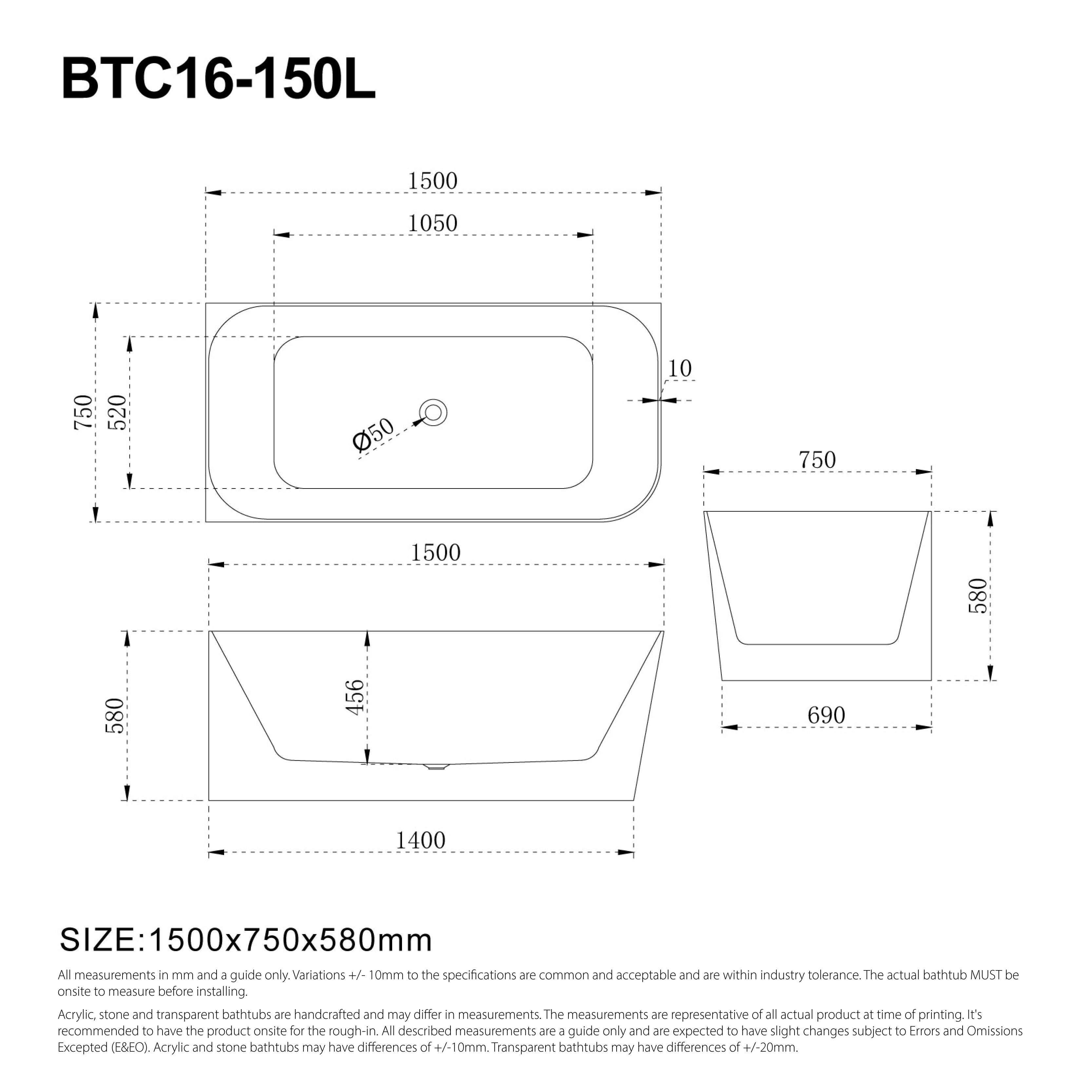CLARA 1500mm Left Hand Corner Free Standing Bath Matte White Baths AROVA