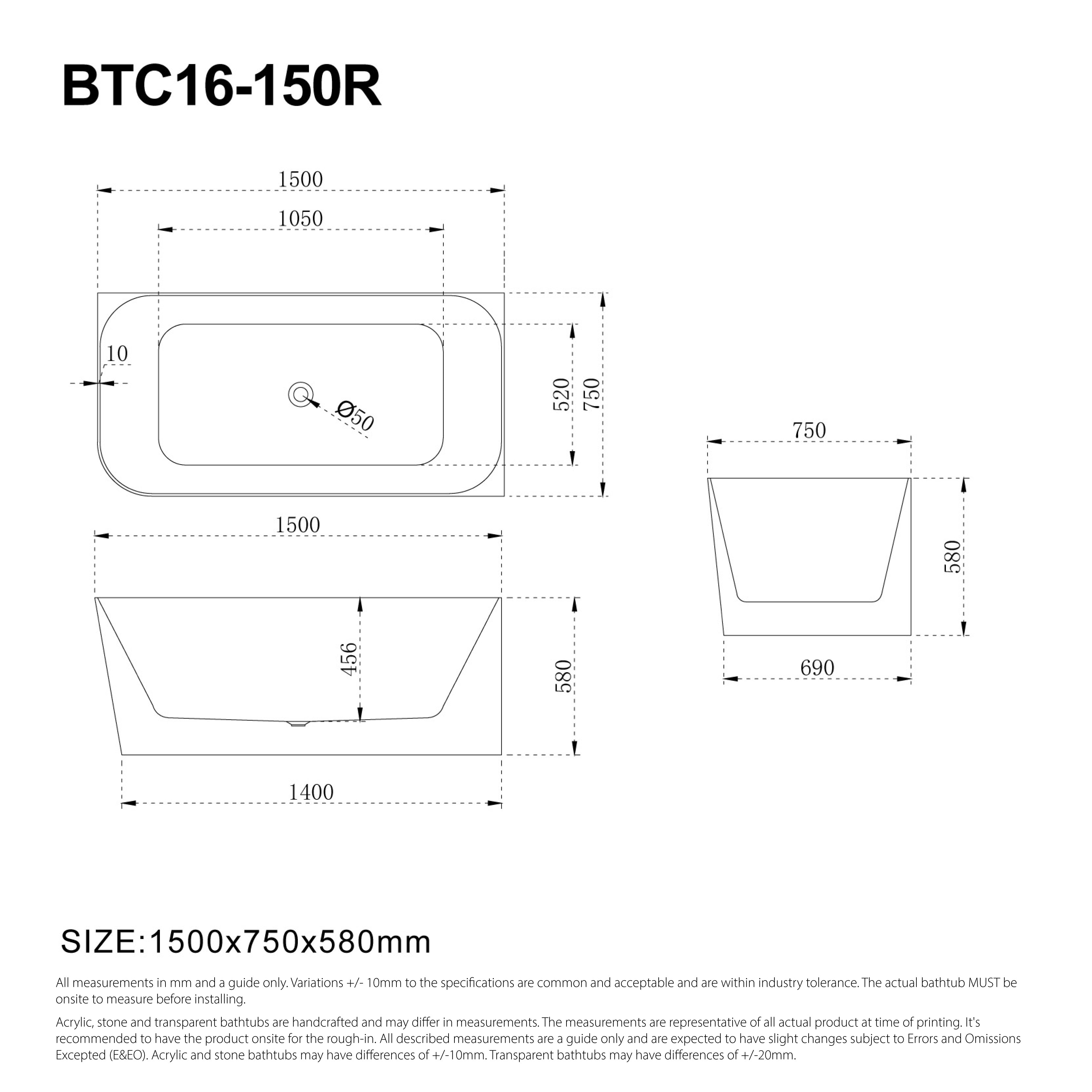 CLARA 1500mm Right Hand Corner Free Standing Bath Matte White Baths AROVA