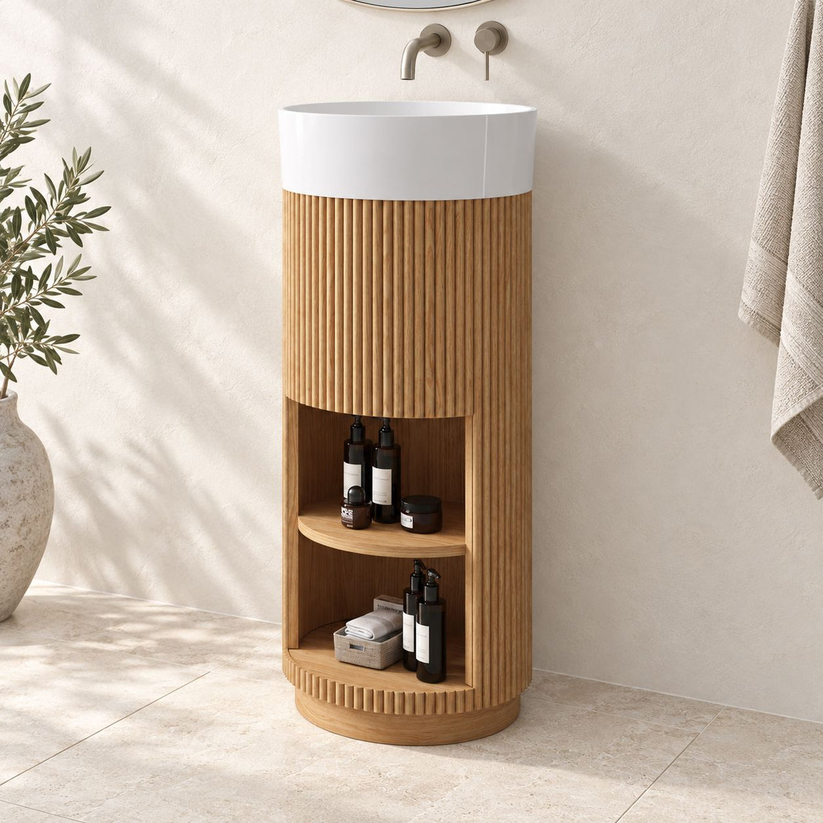 Clearance - Aero 400mm Fluted Freestanding Small Vanity Natural Oak Vanities Arova