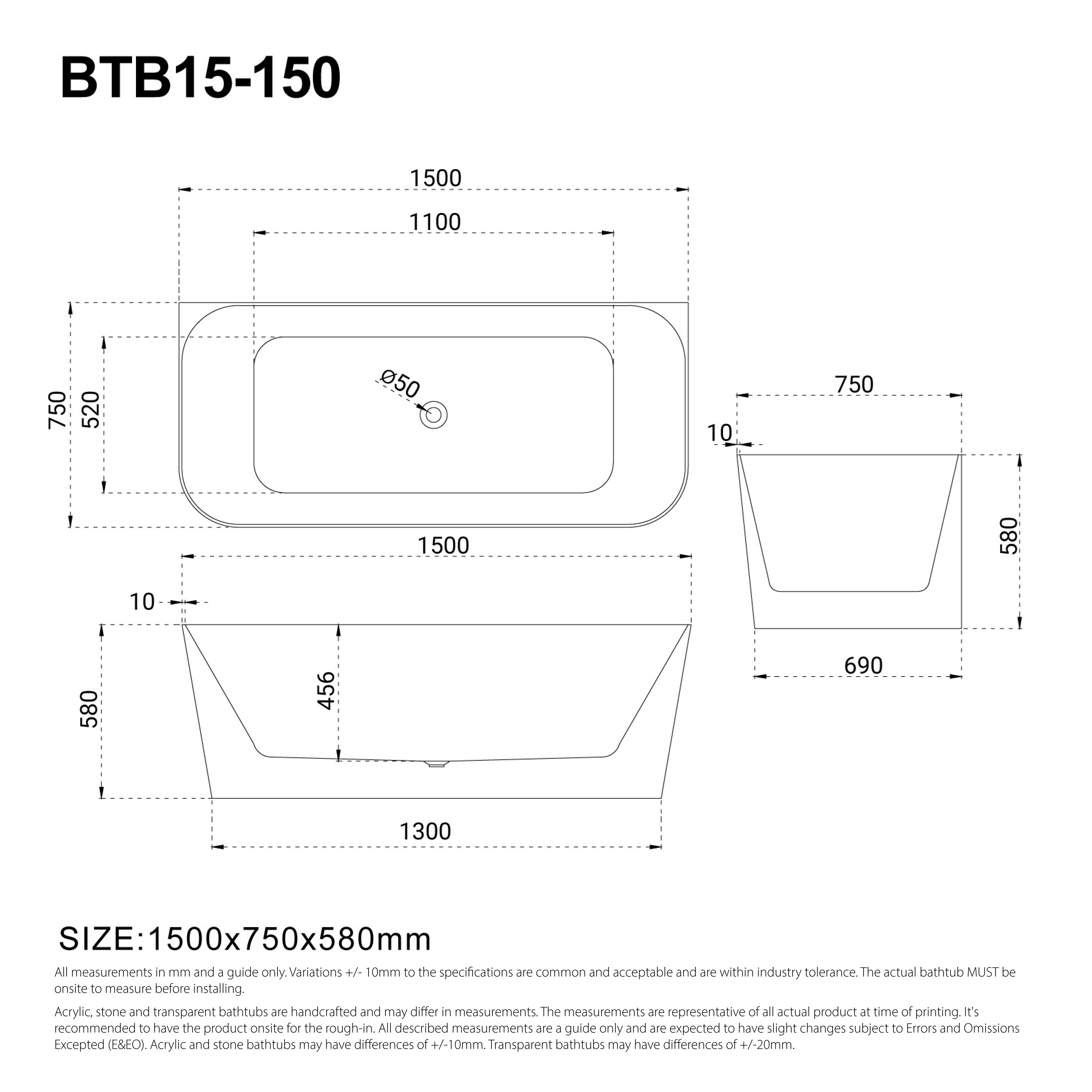 CLIO 1500mm Back to Wall Free Standing Bath Matte White Baths AROVA