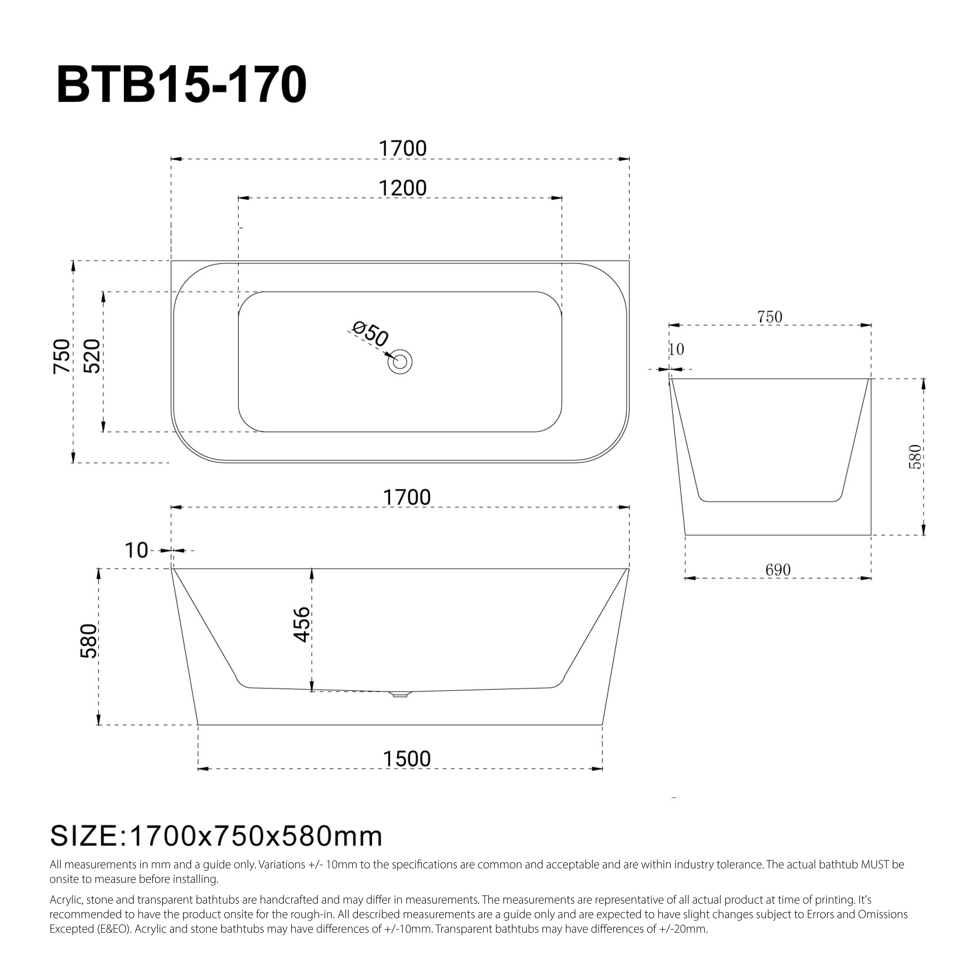 CLIO 1700mm Back to Wall Free Standing Bath Matte White Baths AROVA