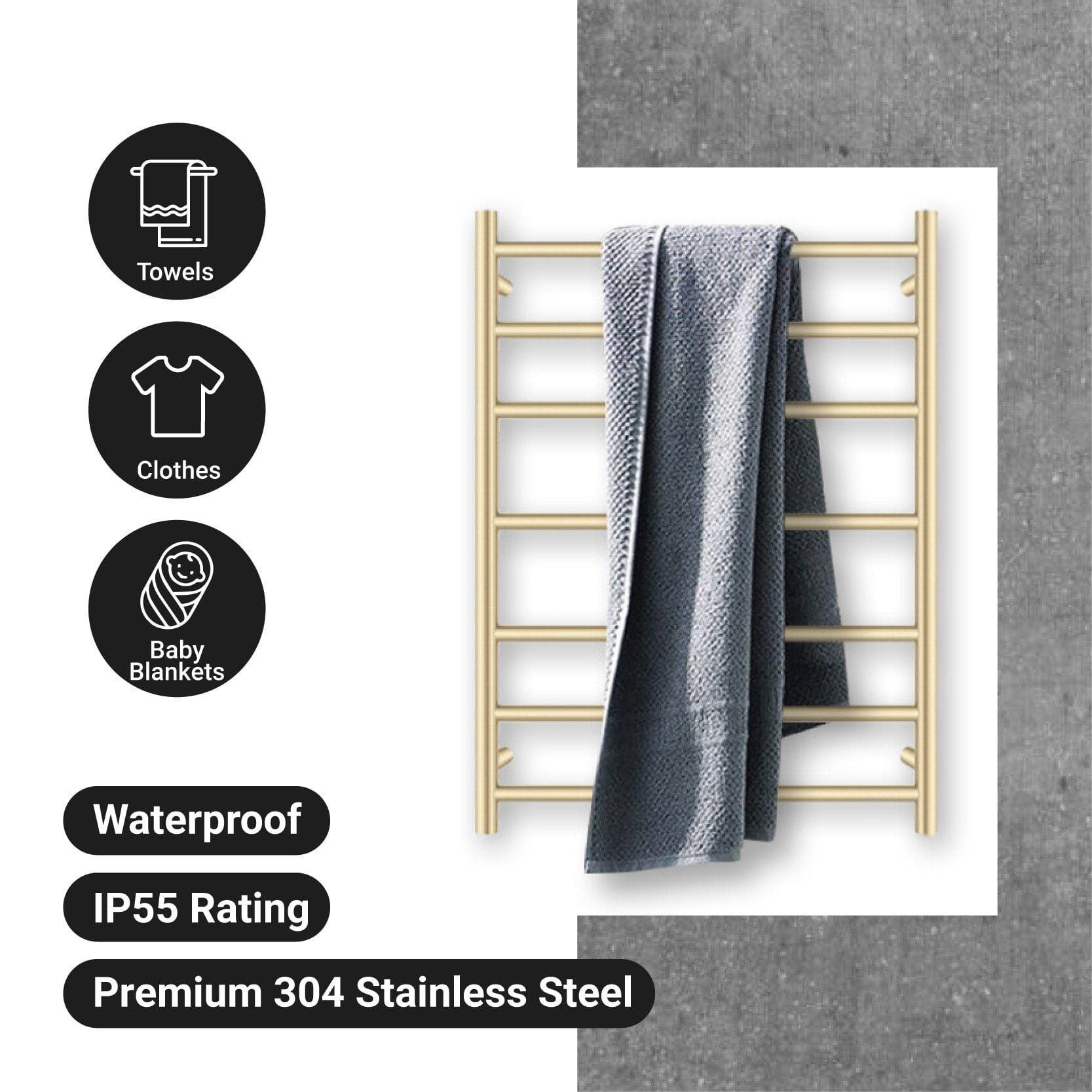 CLIO Heated Towel Rail Round Brushed Gold Accessories Arova