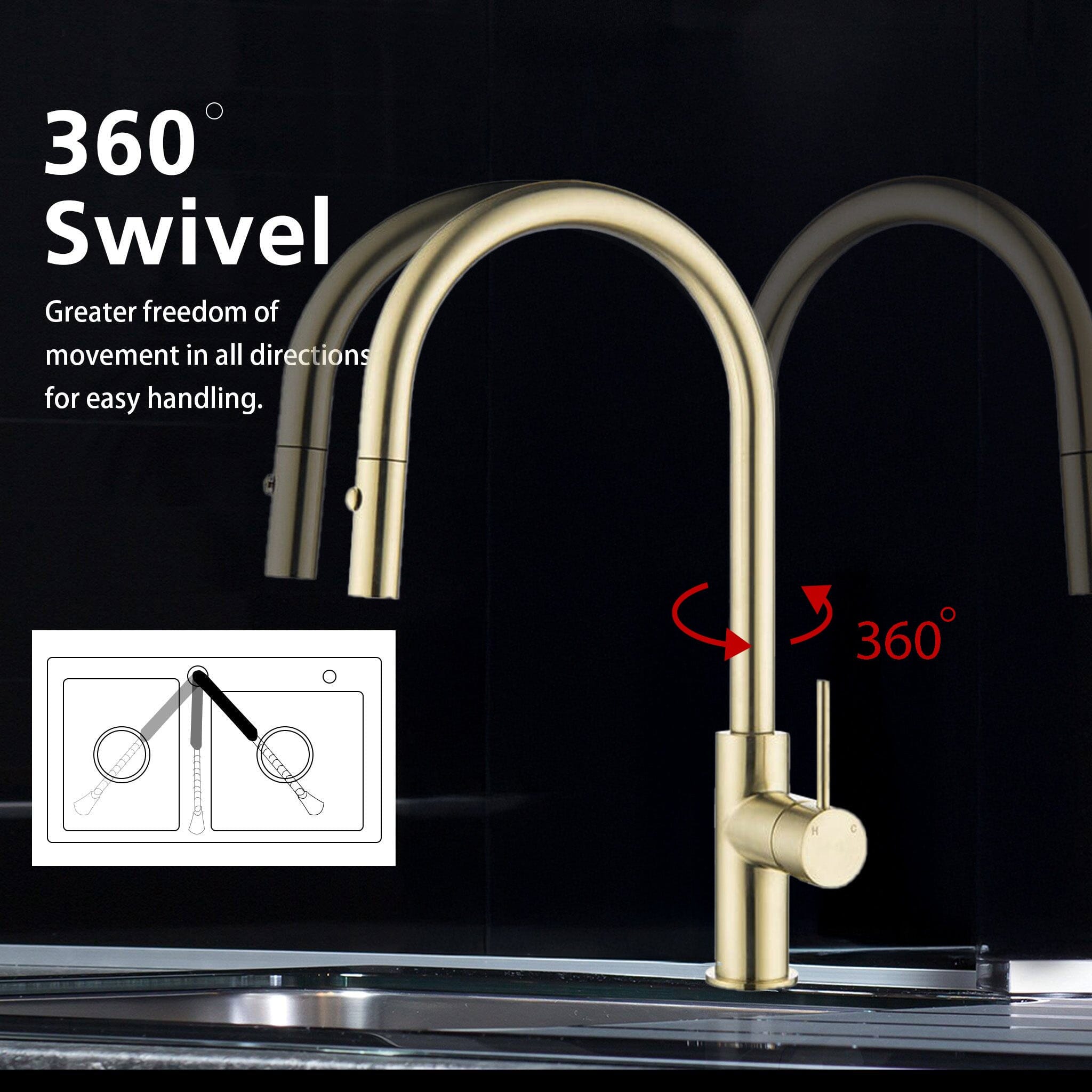 Clio Pull Out Kitchen Sink Mixer Tap with Spray Brushed Gold Tapware Arova