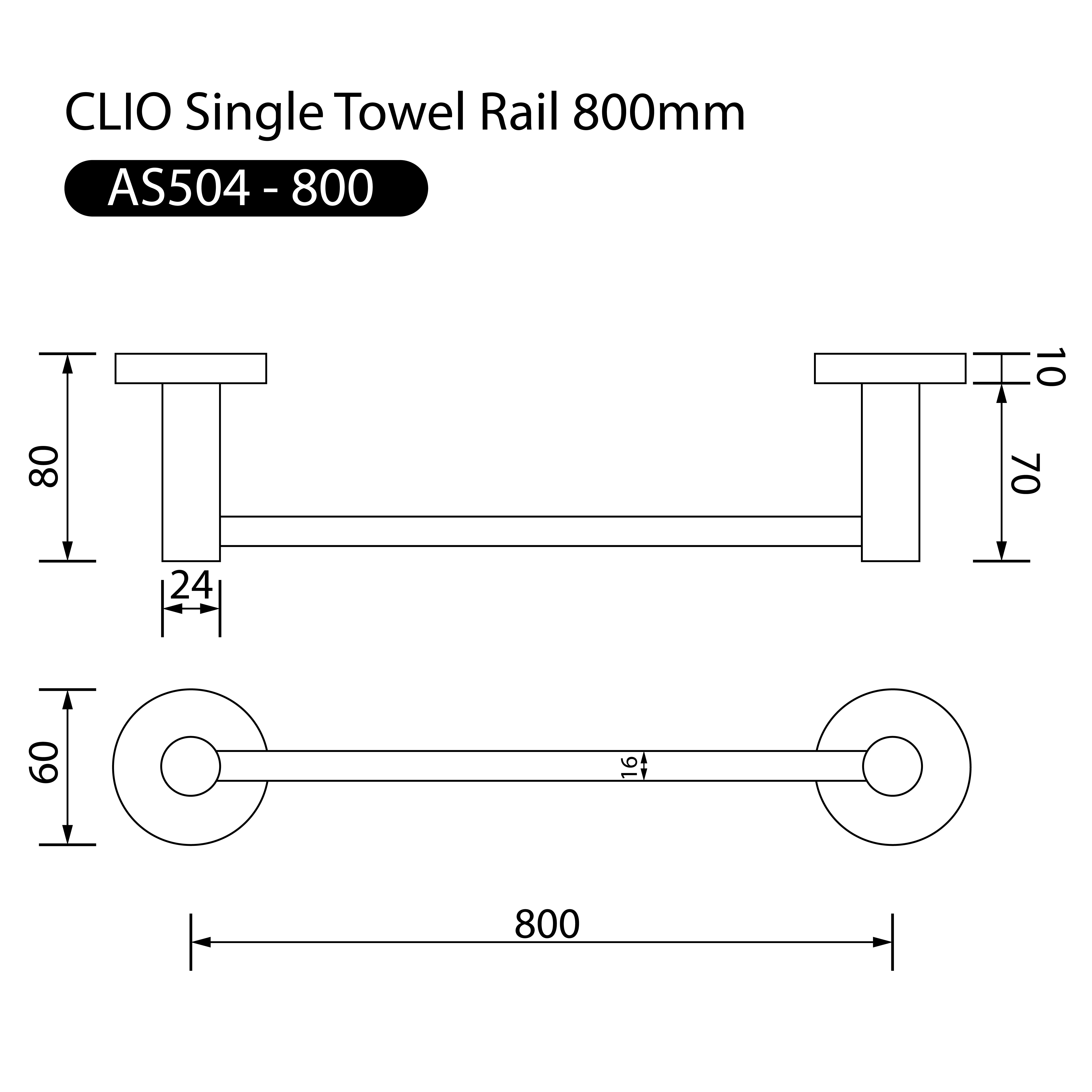 Clio Single Towel Rail 800mm Matte Black Accessories Arova