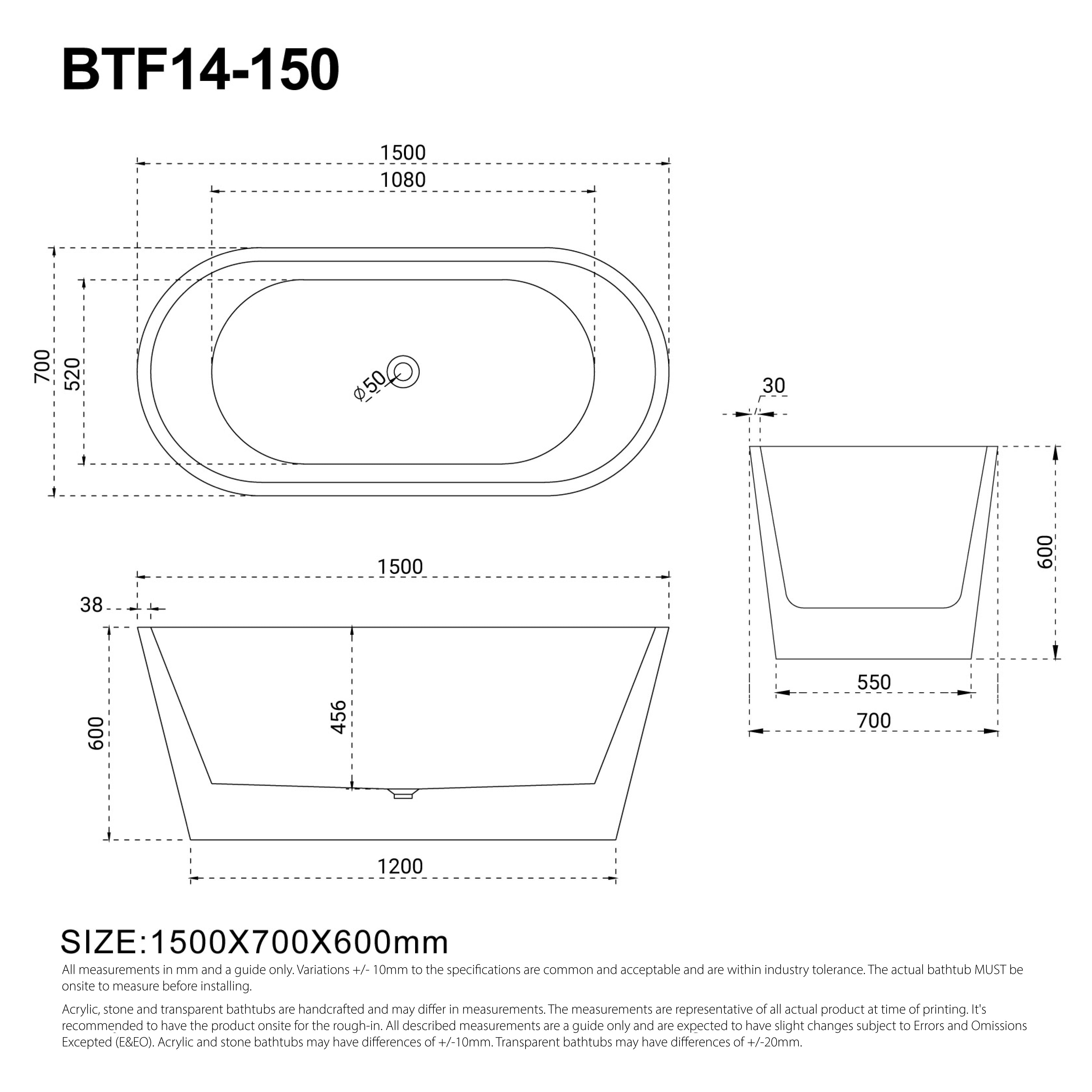 CORA 1500mm Oval Freestanding Bath Gloss White Baths AROVA