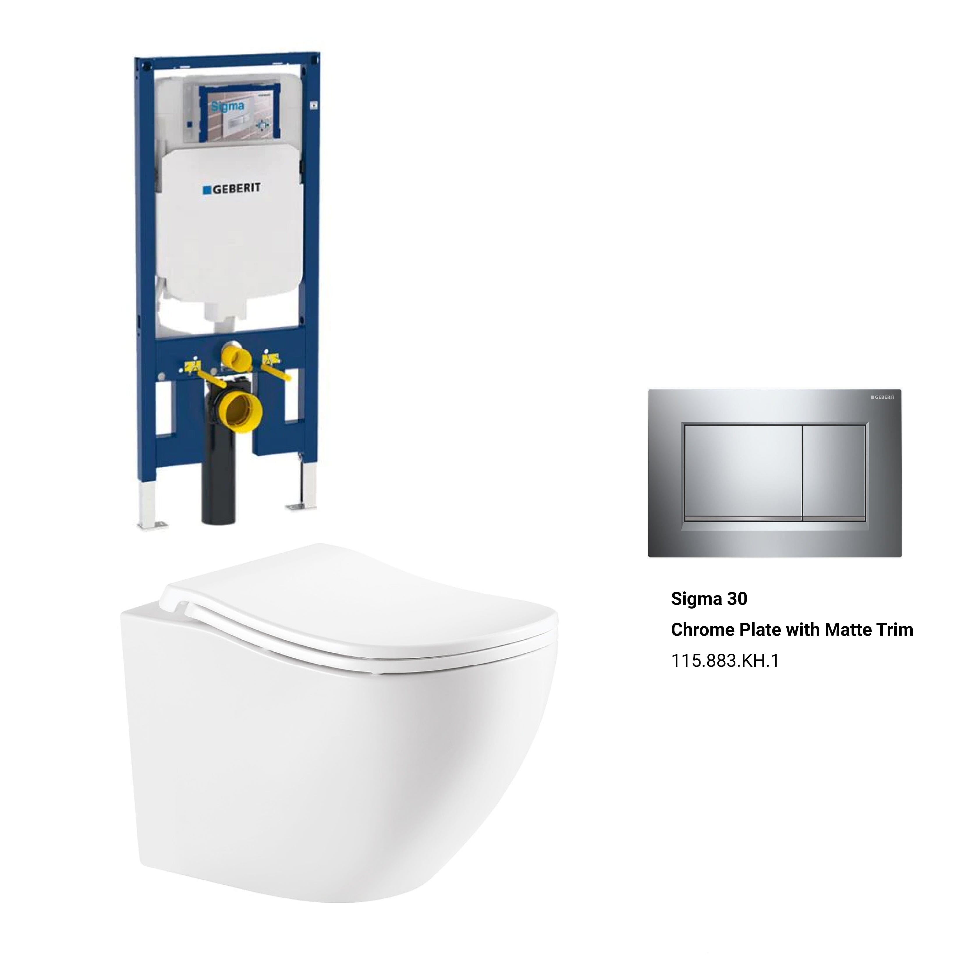 Curve52 Rimless Tornado Toilet Package - Geberit Sigma 8 Duofix In Wall Cistern & Square Button Arova Chrome plate with matt trim