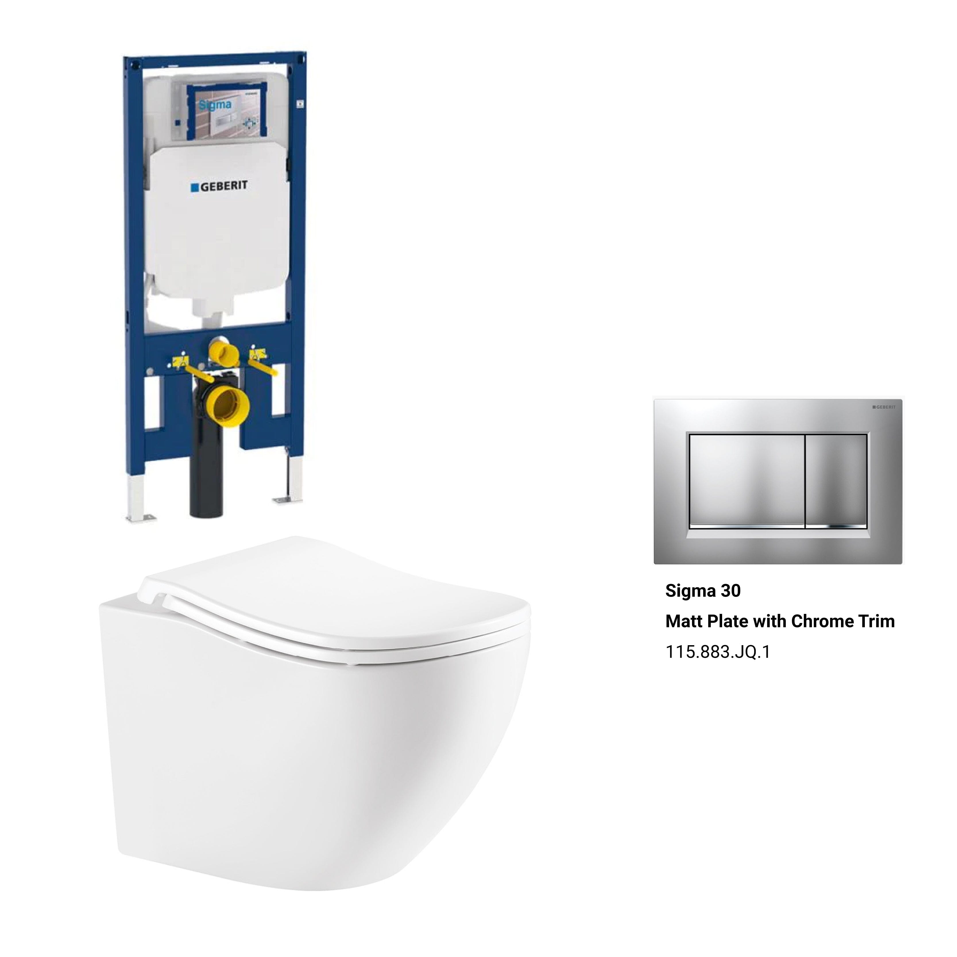 Curve52 Rimless Tornado Toilet Package - Geberit Sigma 8 Duofix In Wall Cistern & Square Button Arova Fingerprint Resistant matt plate with chrome trim