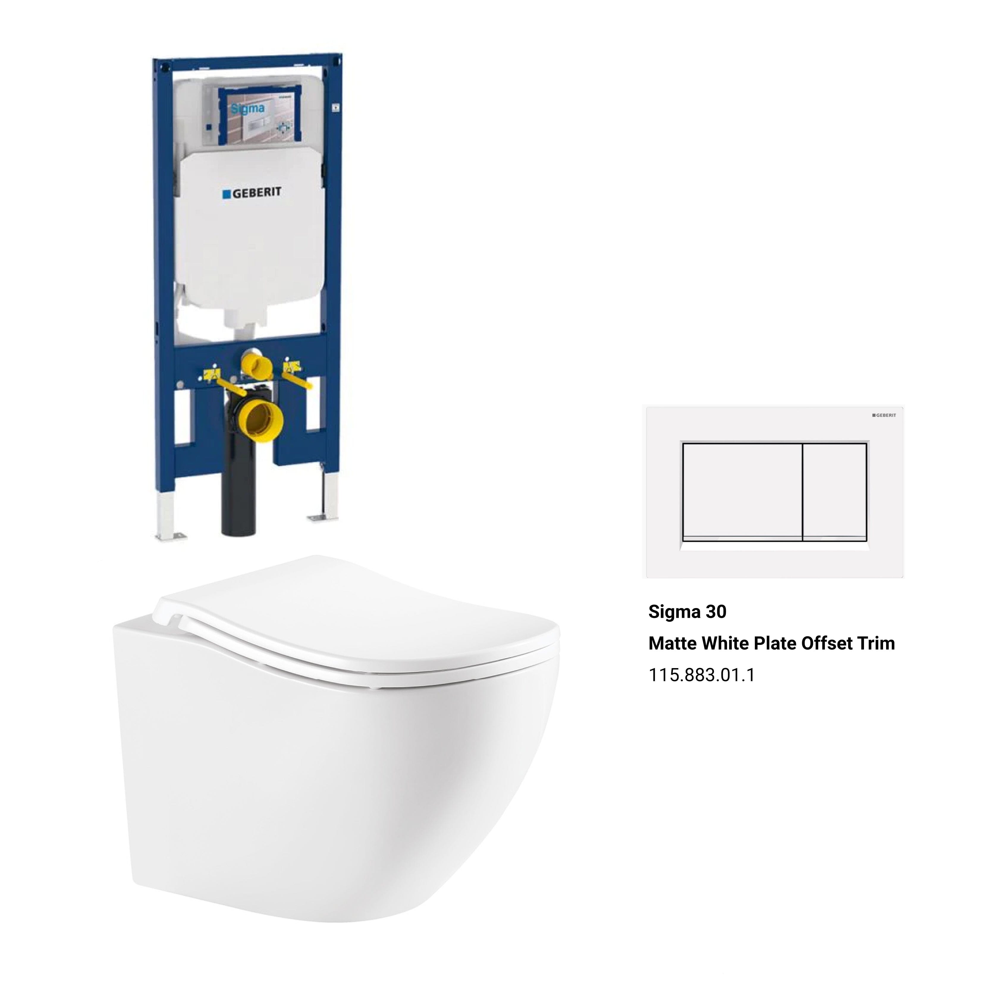 Curve52 Rimless Tornado Toilet Package - Geberit Sigma 8 Duofix In Wall Cistern & Square Button Arova Fingerprint-resistant matt white plate & buttons with offset trim