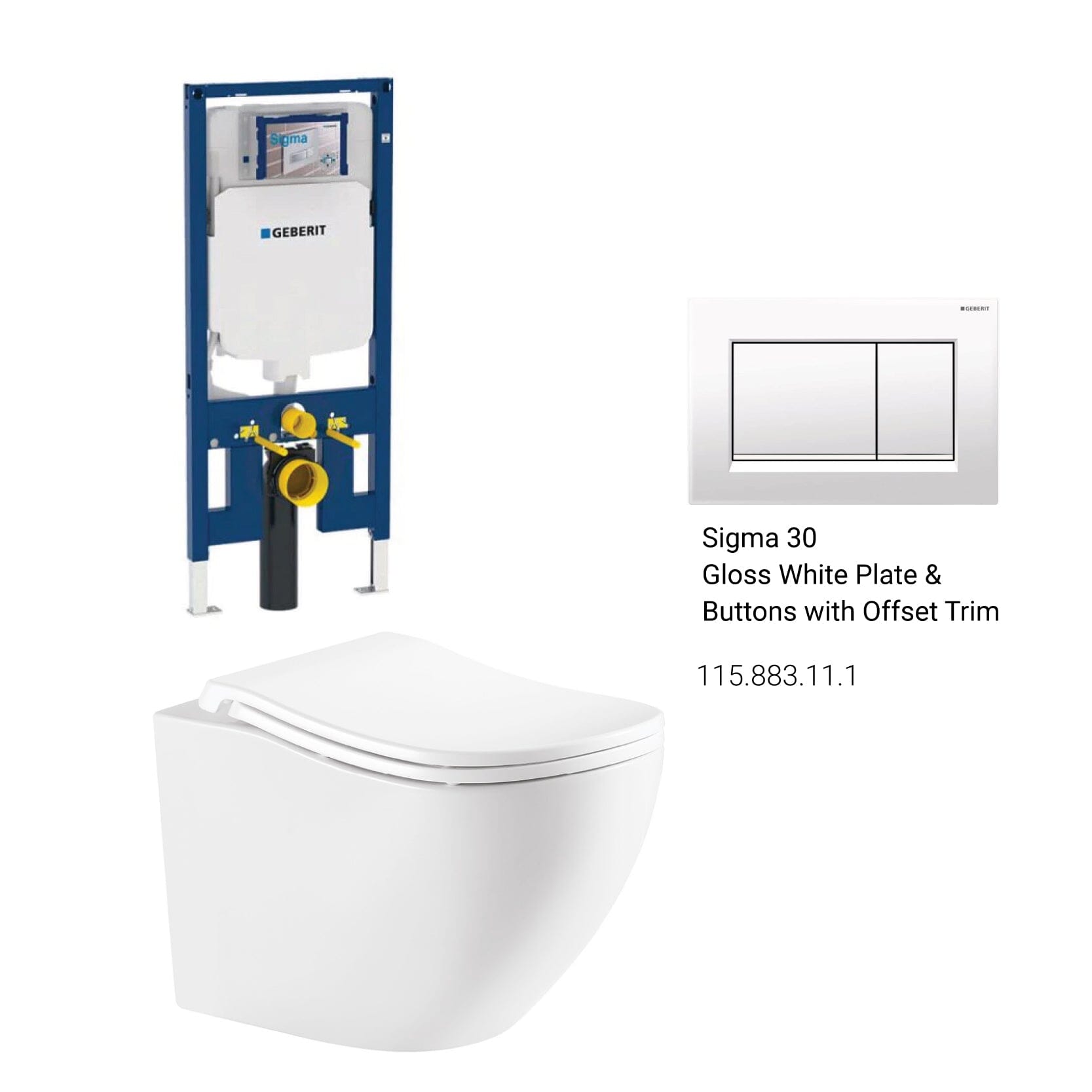 Curve52 Rimless Tornado Toilet Package - Geberit Sigma 8 Duofix In Wall Cistern & Square Button Arova Gloss white plate & buttons with offset trim
