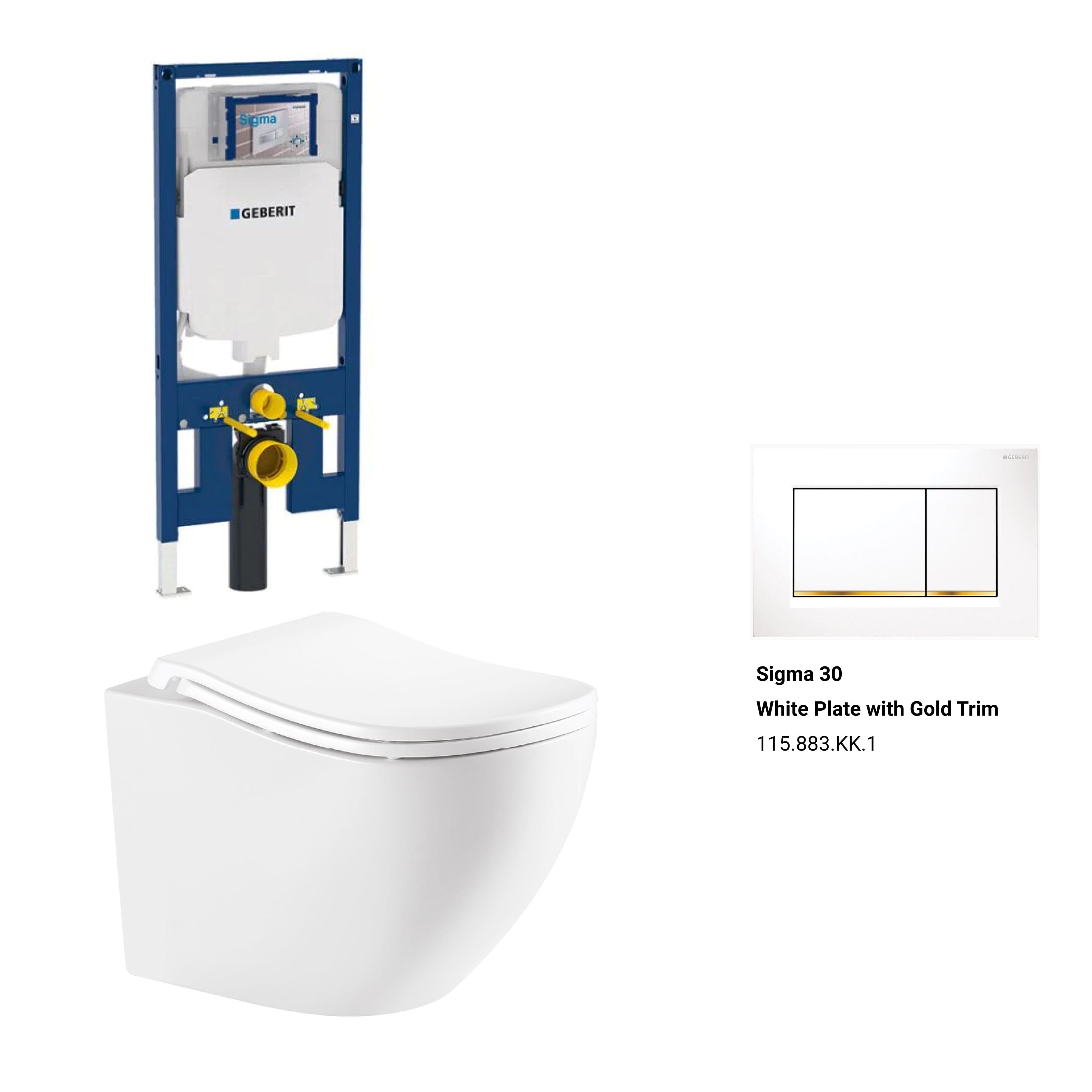Curve52 Rimless Tornado Toilet Package - Geberit Sigma 8 Duofix In Wall Cistern & Square Button Arova White plate with gold trim