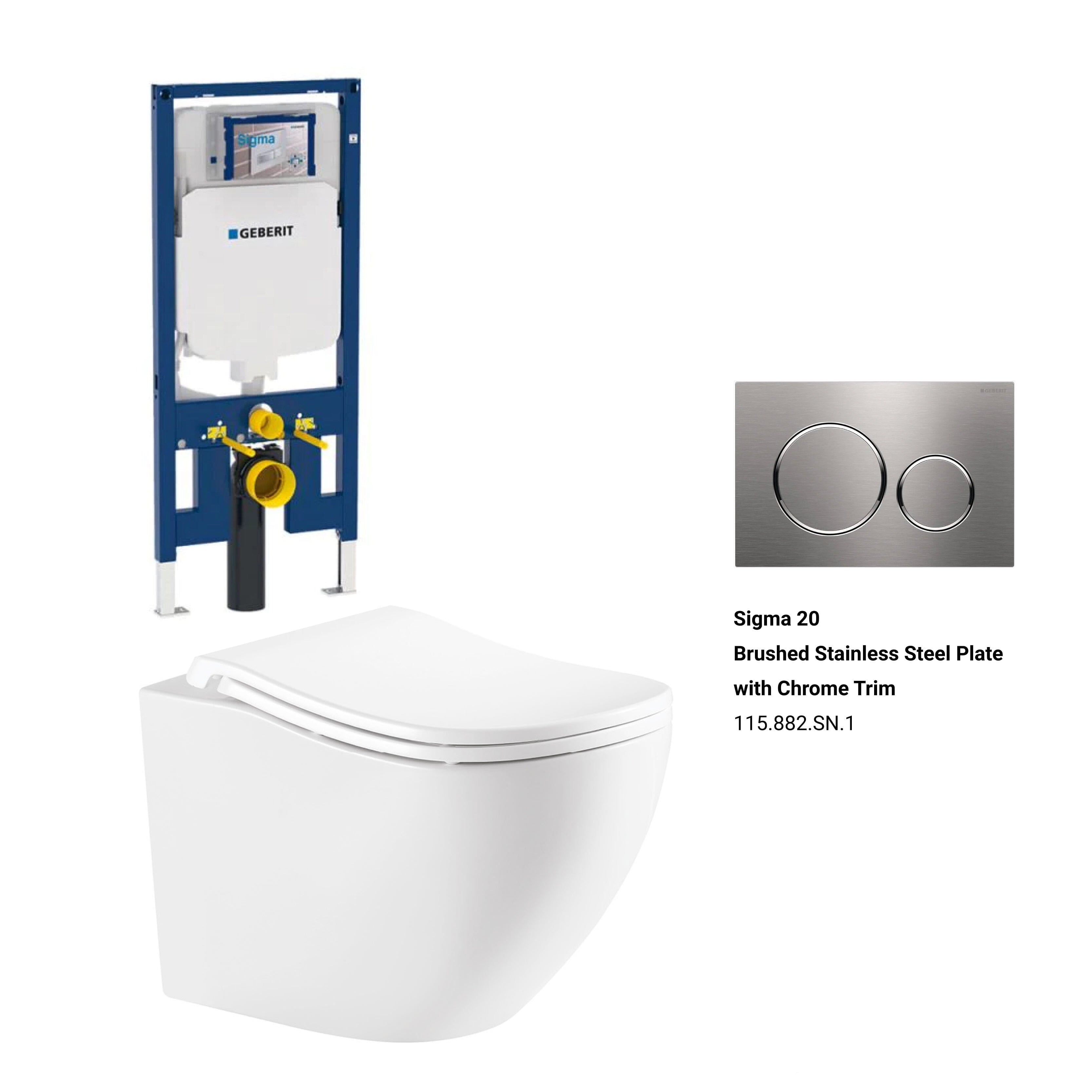 Curve52 Rimless Tornado Wall Hung Toilet + Geberit Stainless Steel Button Package Arova