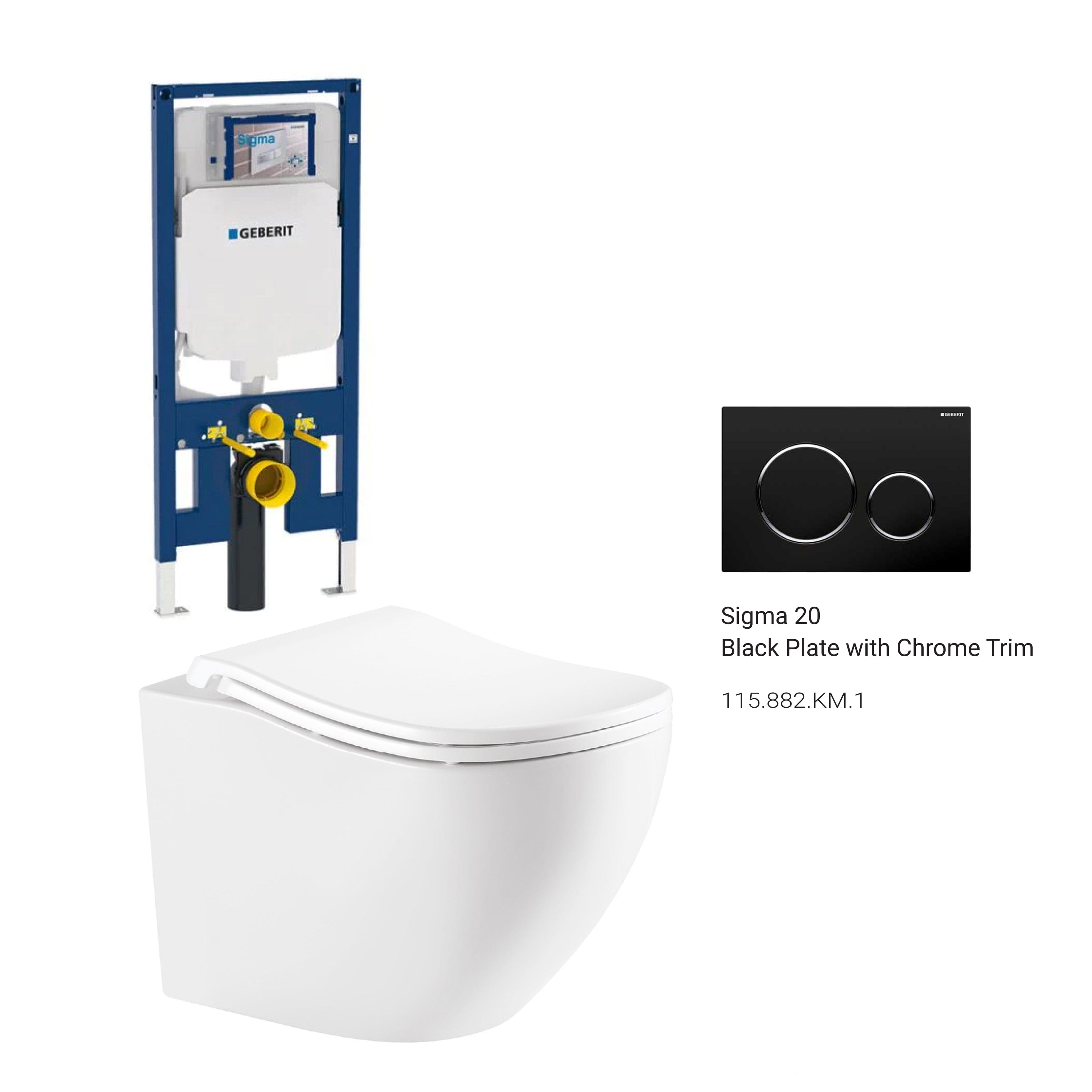 Curve52 Rimless Tornado Wall Hung Toilet Package - Geberit Sigma 8 Duofix In Wall Cistern & Round Button Arova Black plate with chrome trim