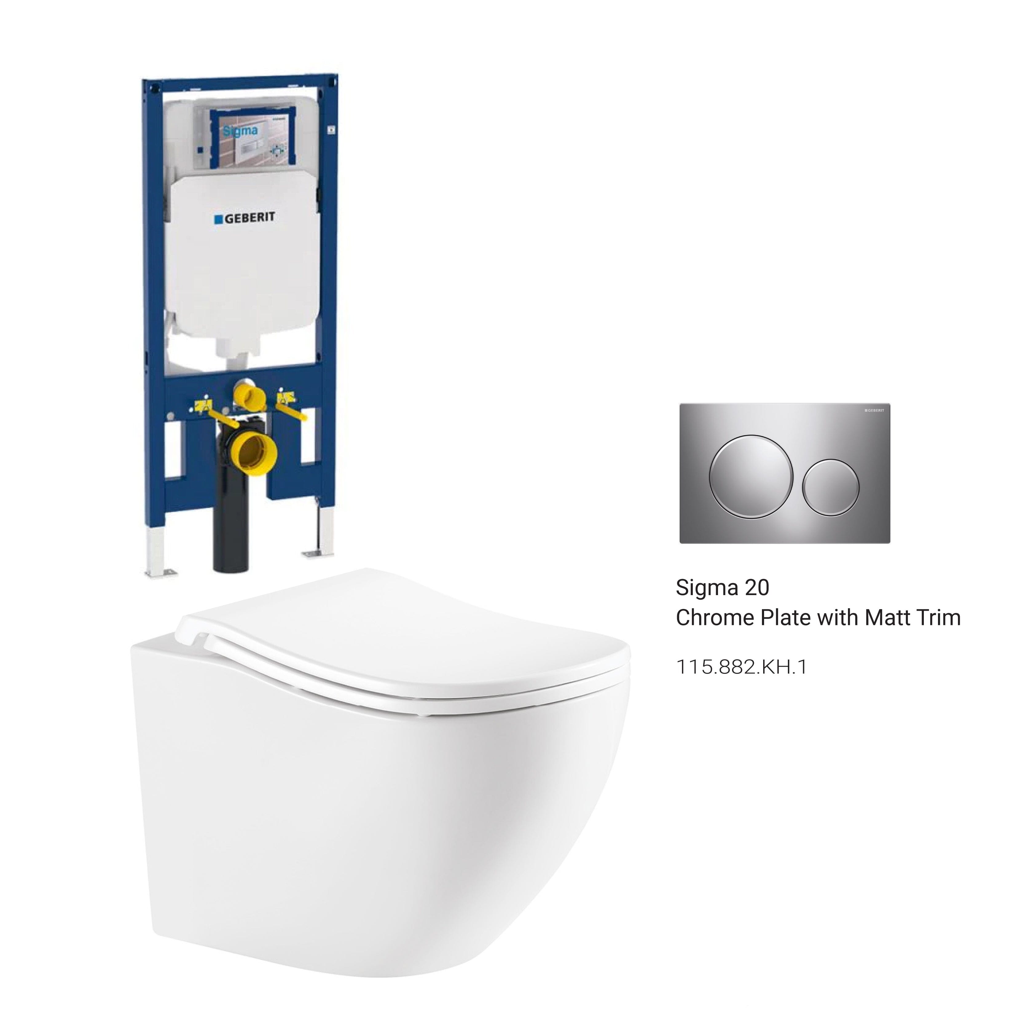 Curve52 Rimless Tornado Wall Hung Toilet Package - Geberit Sigma 8 Duofix In Wall Cistern & Round Button Arova Chrome plate with matt trim