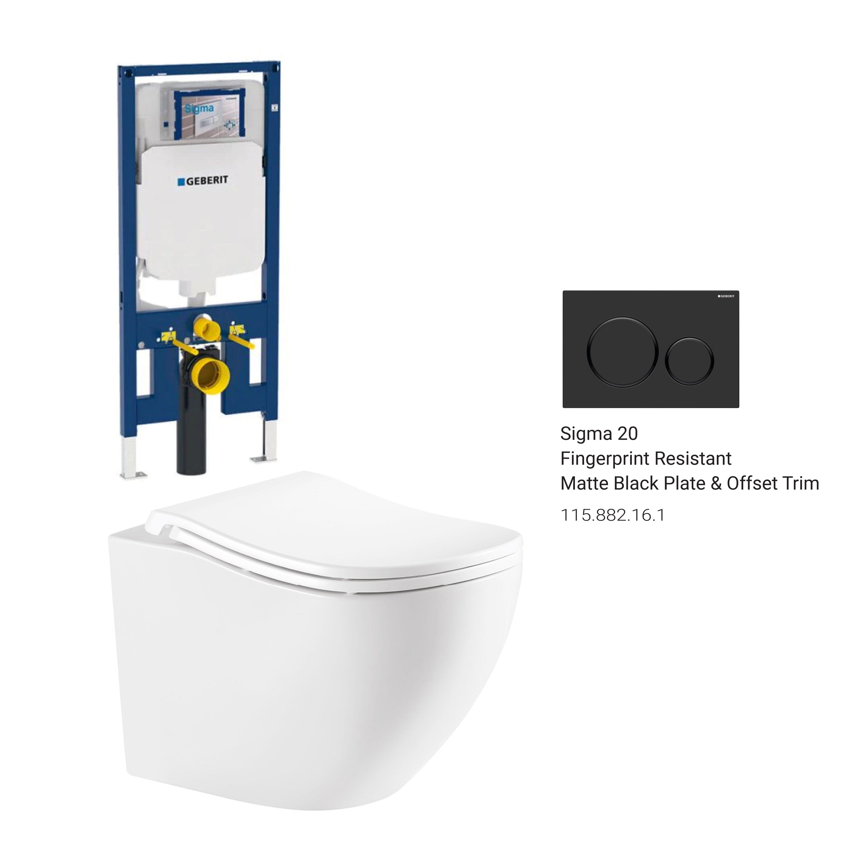 Curve52 Rimless Tornado Wall Hung Toilet Package - Geberit Sigma 8 Duofix In Wall Cistern & Round Button Arova Fingerprint-resistant matt black plate & button with offset trim