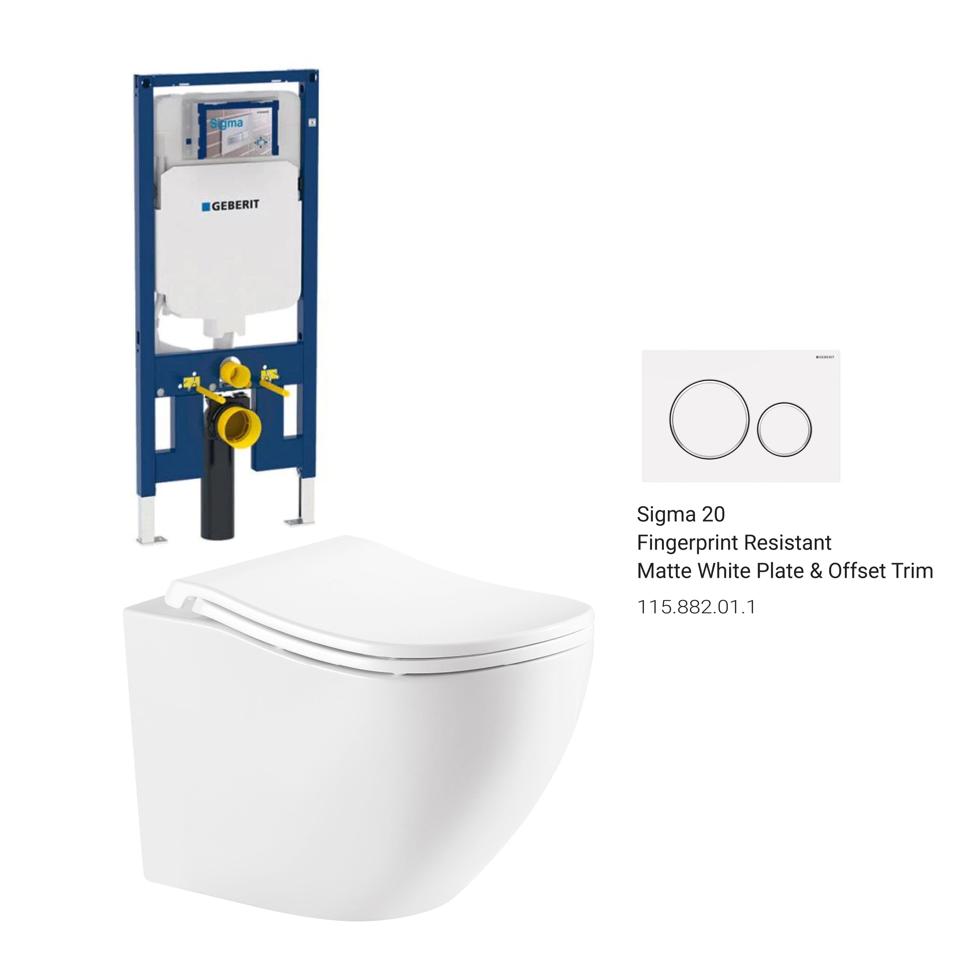 Curve52 Rimless Tornado Wall Hung Toilet Package - Geberit Sigma 8 Duofix In Wall Cistern & Round Button Arova Fingerprint-resistant matt white plate & button with offset trim