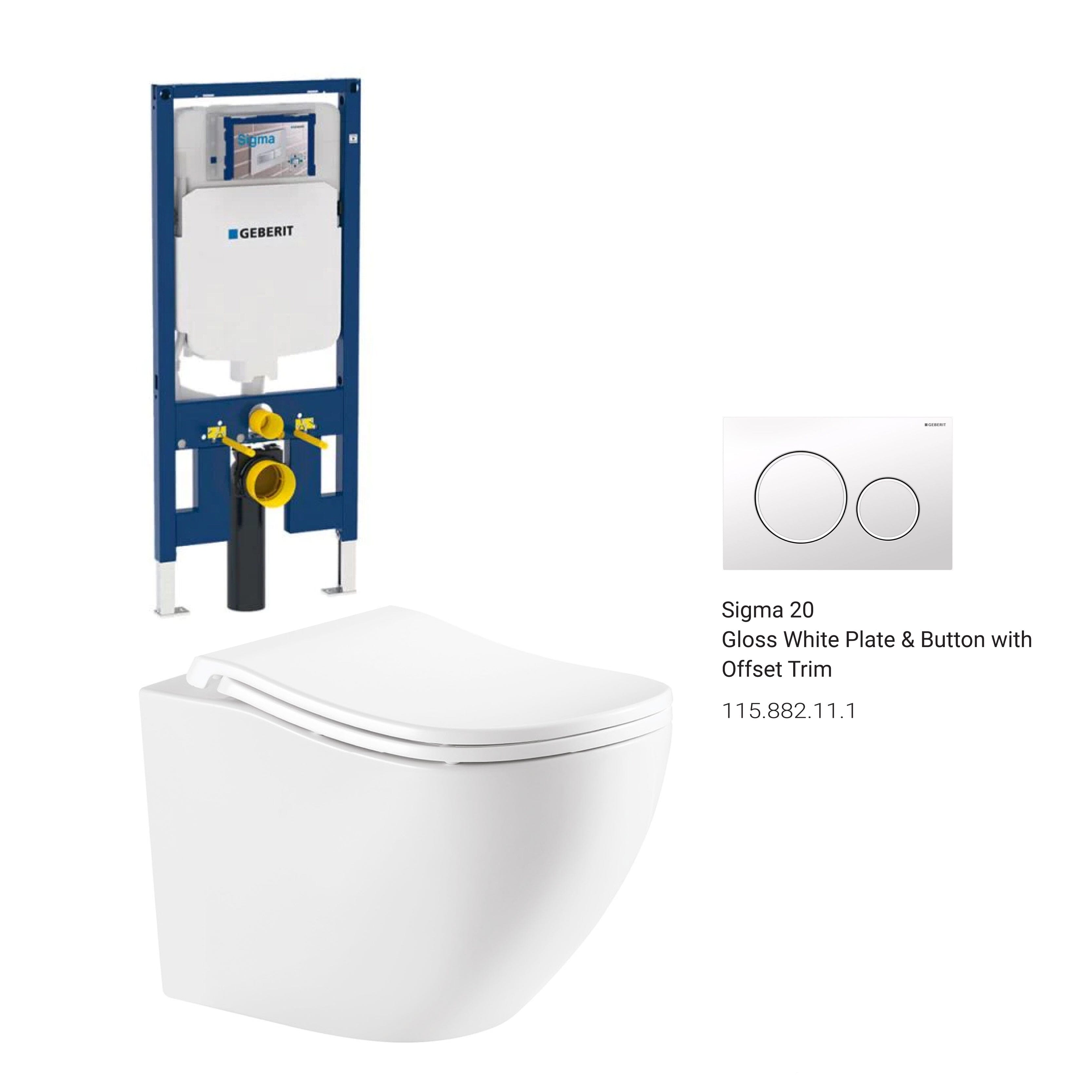 Curve52 Rimless Tornado Wall Hung Toilet Package - Geberit Sigma 8 Duofix In Wall Cistern & Round Button Arova Gloss white plate & button with offset trim