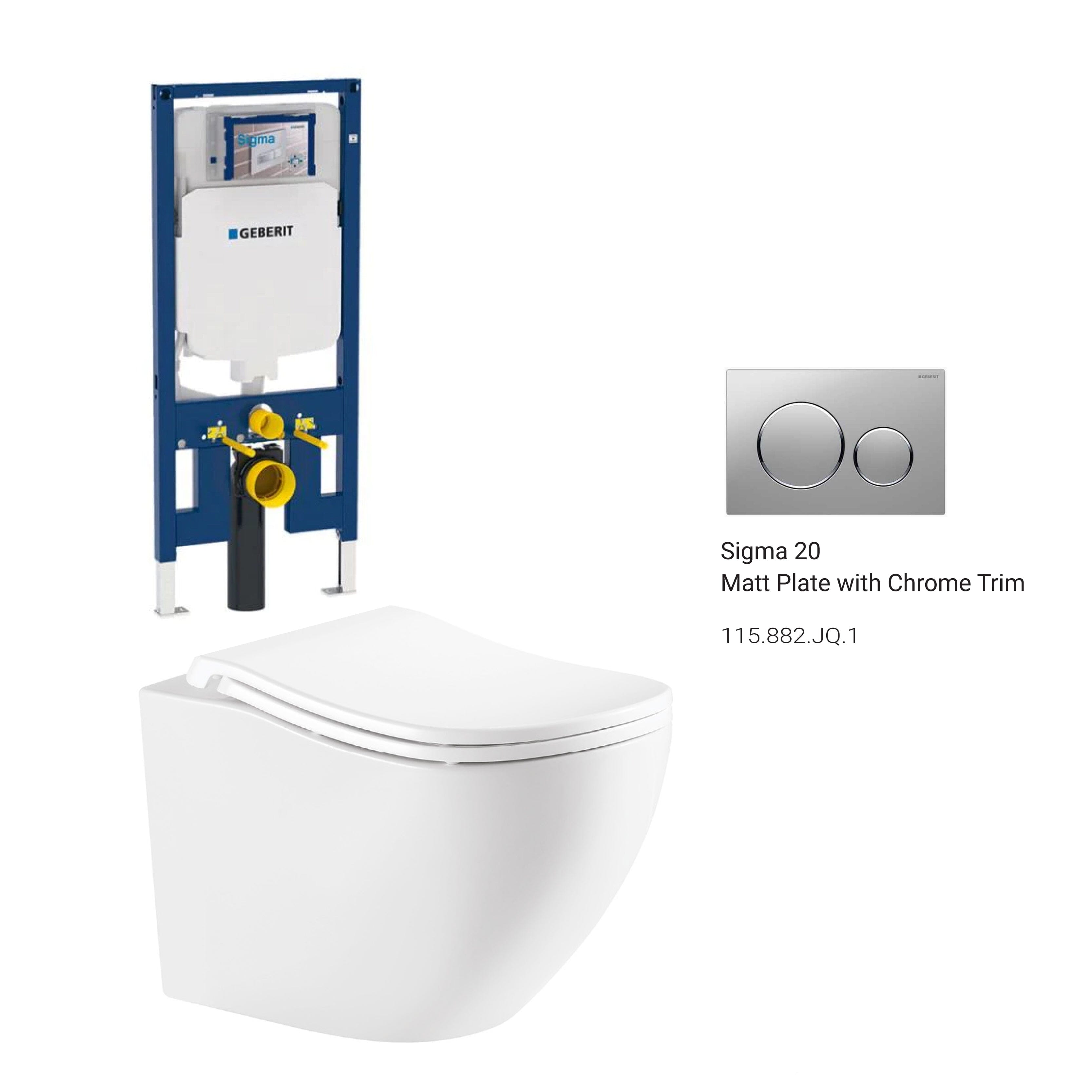 Curve52 Rimless Tornado Wall Hung Toilet Package - Geberit Sigma 8 Duofix In Wall Cistern & Round Button Arova Matt plate with chrome trim