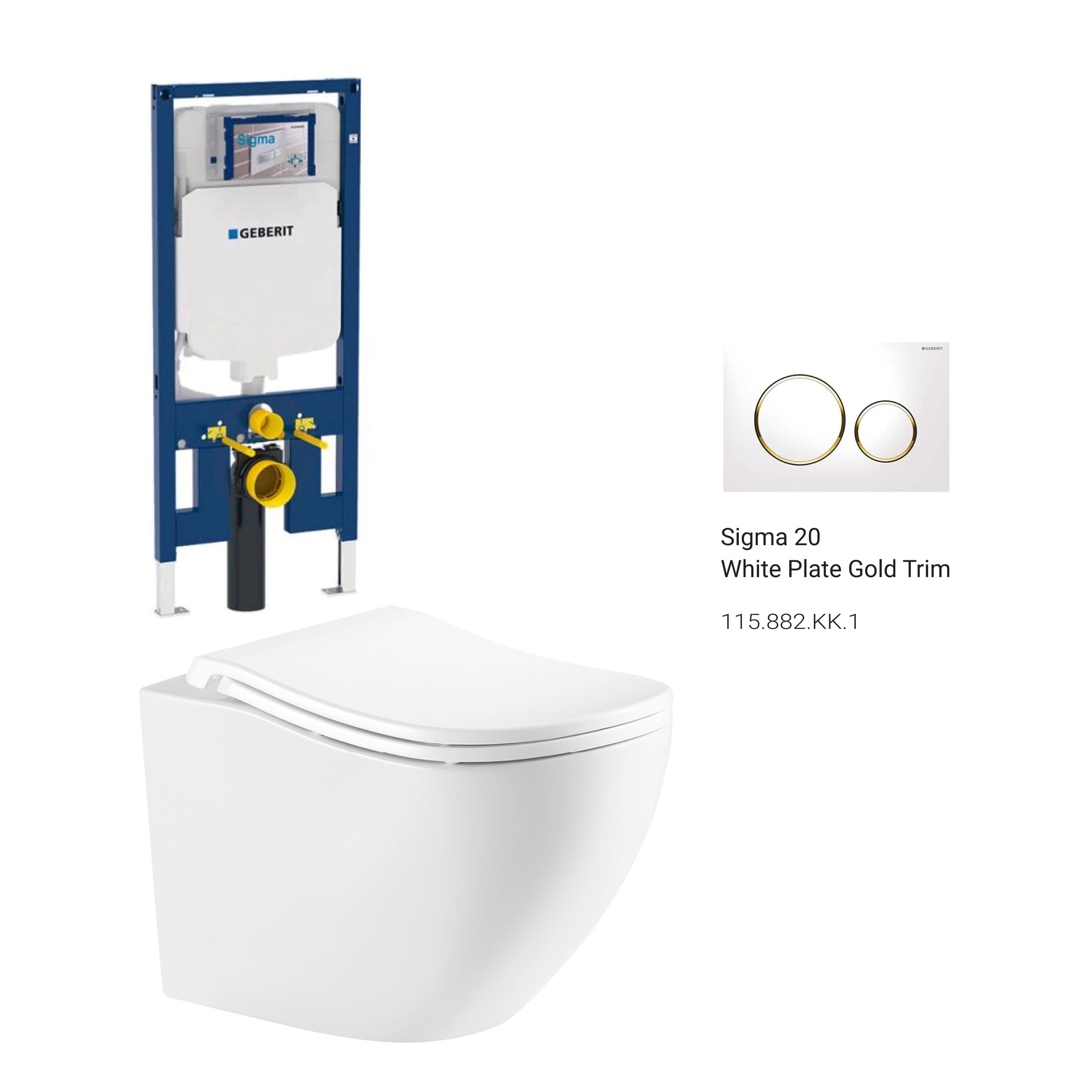 Curve52 Rimless Tornado Wall Hung Toilet Package - Geberit Sigma 8 Duofix In Wall Cistern & Round Button Arova White plate with gold trim