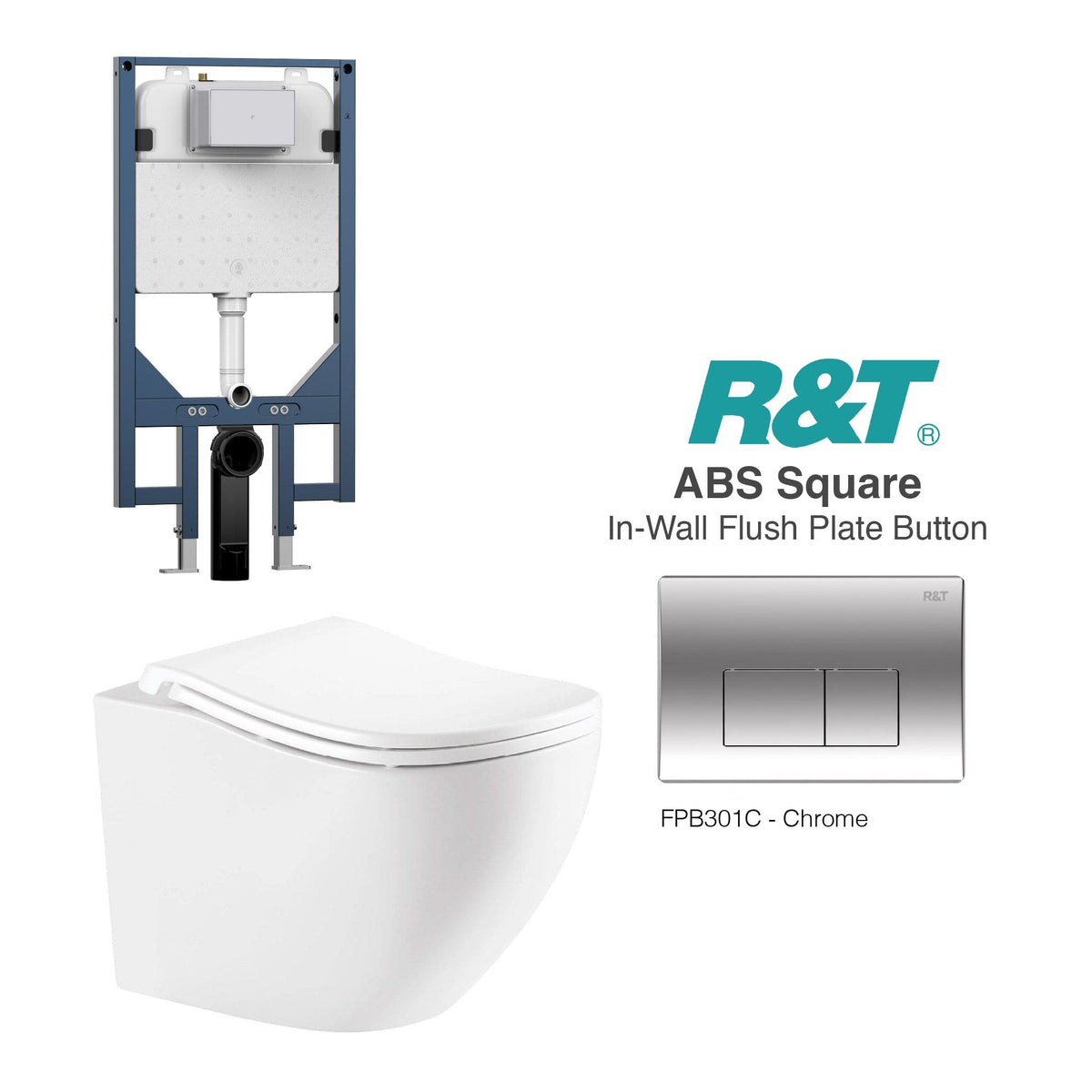 Curve52 Rimless Tornado Wall Hung Toilet Package - R&T Cistern & ABS Square Button Arova Curve52 Ergoflow Wall Hung Toilet Pan CST003 - R&T In Wall Toilet Cistern Chrome