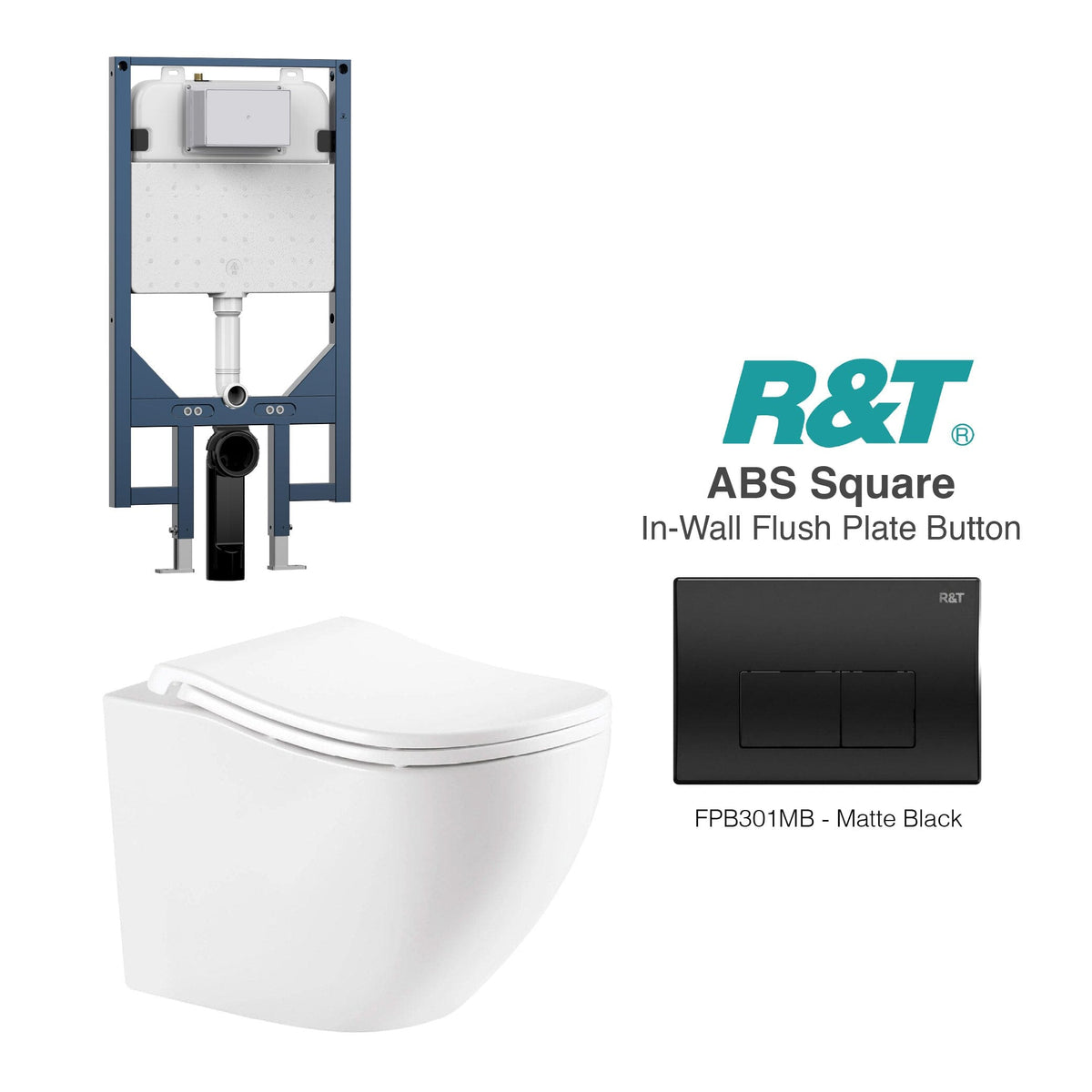 Curve52 Rimless Tornado Wall Hung Toilet Package - R&T Cistern & ABS Square Button Arova Curve52 Ergoflow Wall Hung Toilet Pan CST003 - R&T In Wall Toilet Cistern Matte Black