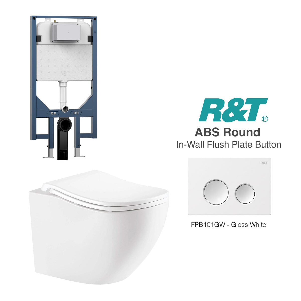Curve52 Wall Hung Rimless Tornado Toilet Package - R&T Cistern & ABS Round Button Arova Curve52 Ergonomic Wall Hung Toilet Pan CST003 - R&T In Wall Toilet Cistern Gloss White