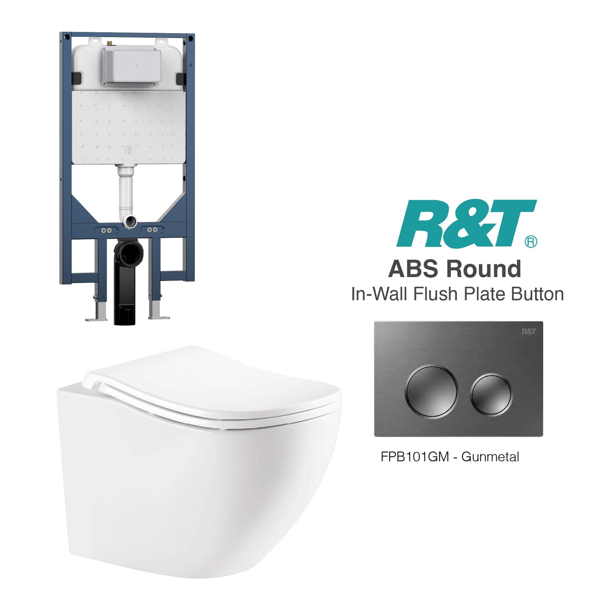 Curve52 Wall Hung Rimless Tornado Toilet Package - R&T Cistern & ABS Round Button Arova Curve52 Ergonomic Wall Hung Toilet Pan CST003 - R&T In Wall Toilet Cistern Gunmetal