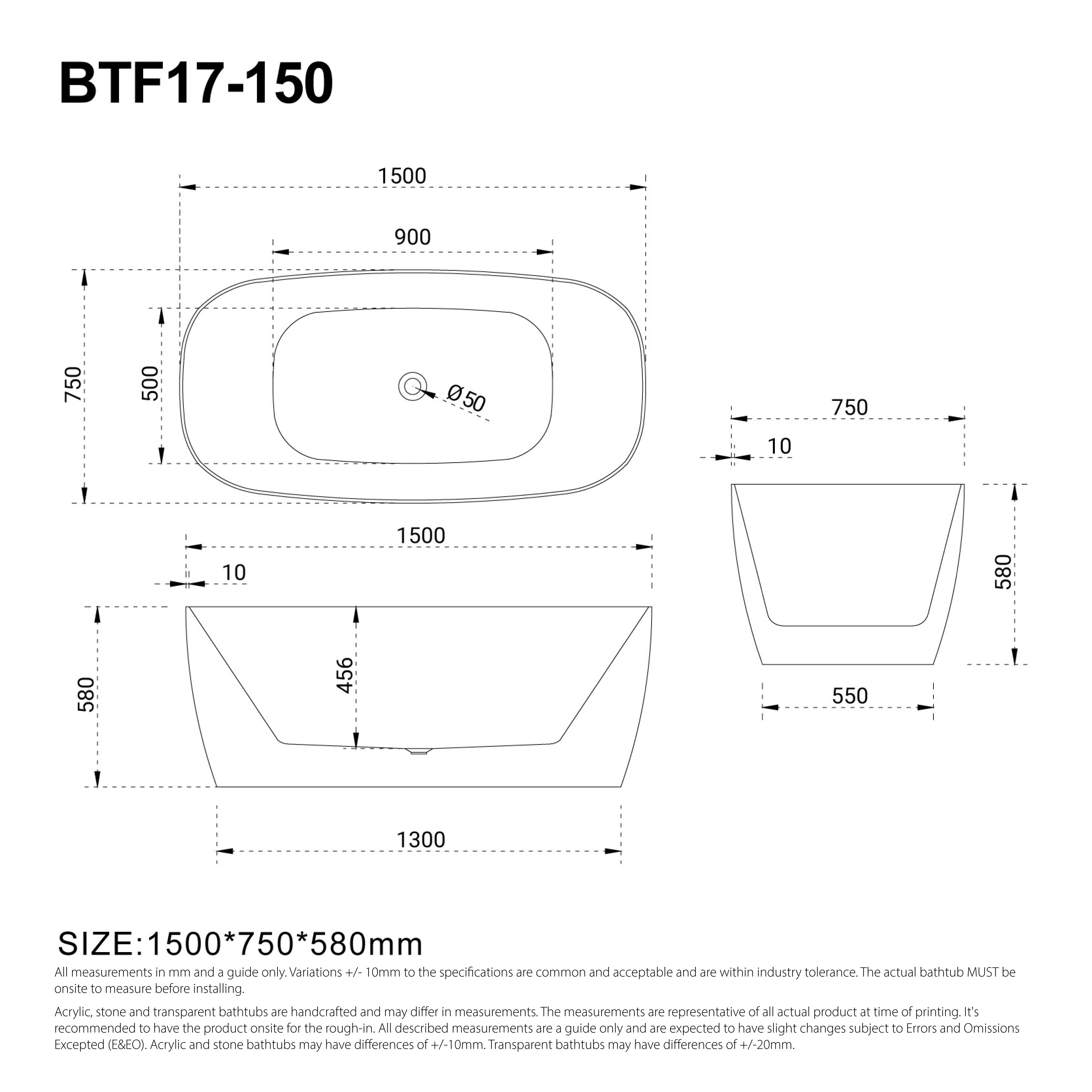 DANA 1500mm Oval Freestanding Bathtub Gloss White Baths AROVA
