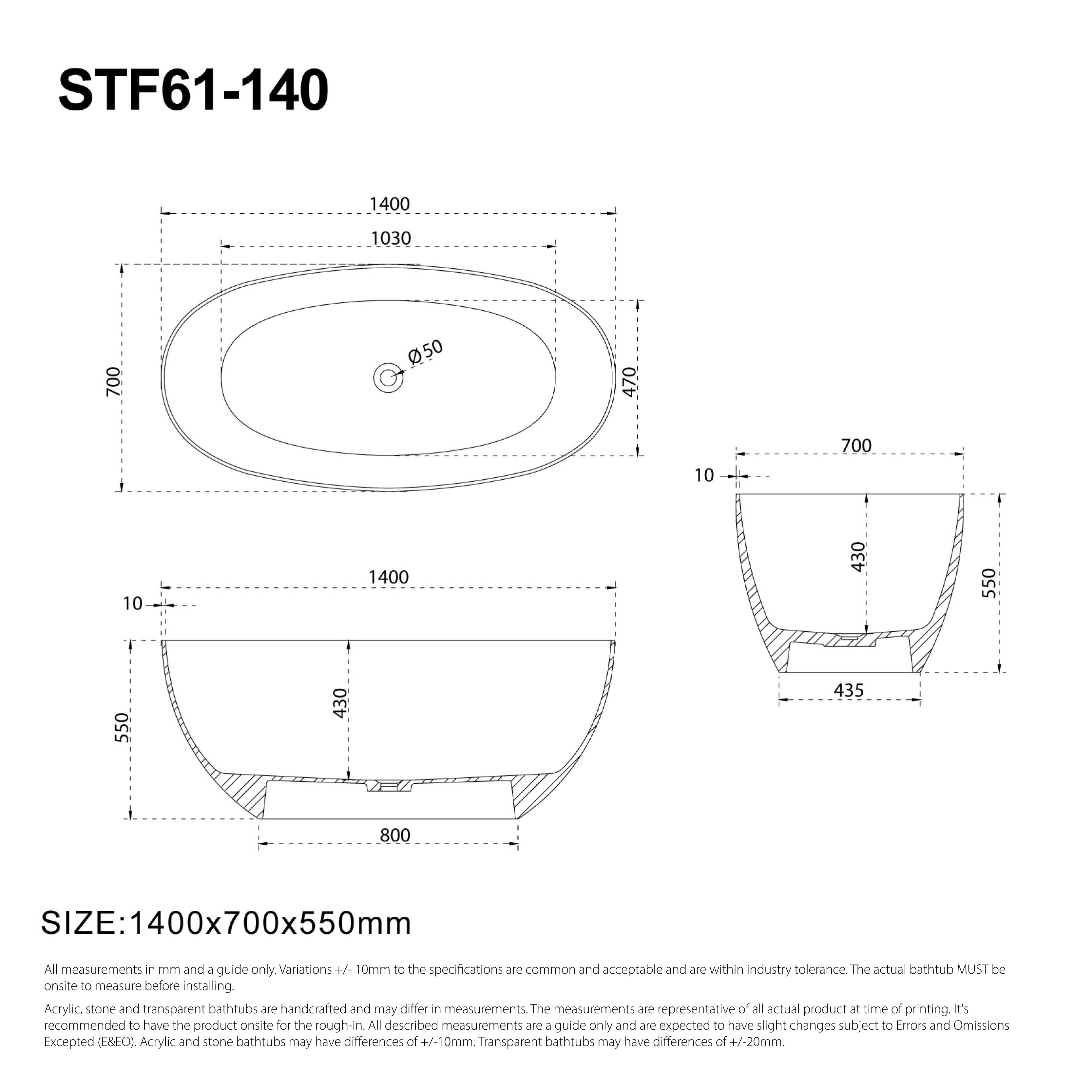 DAWN 1400mm Stone Oval Free Standing Bathtub Matte White Baths AROVA