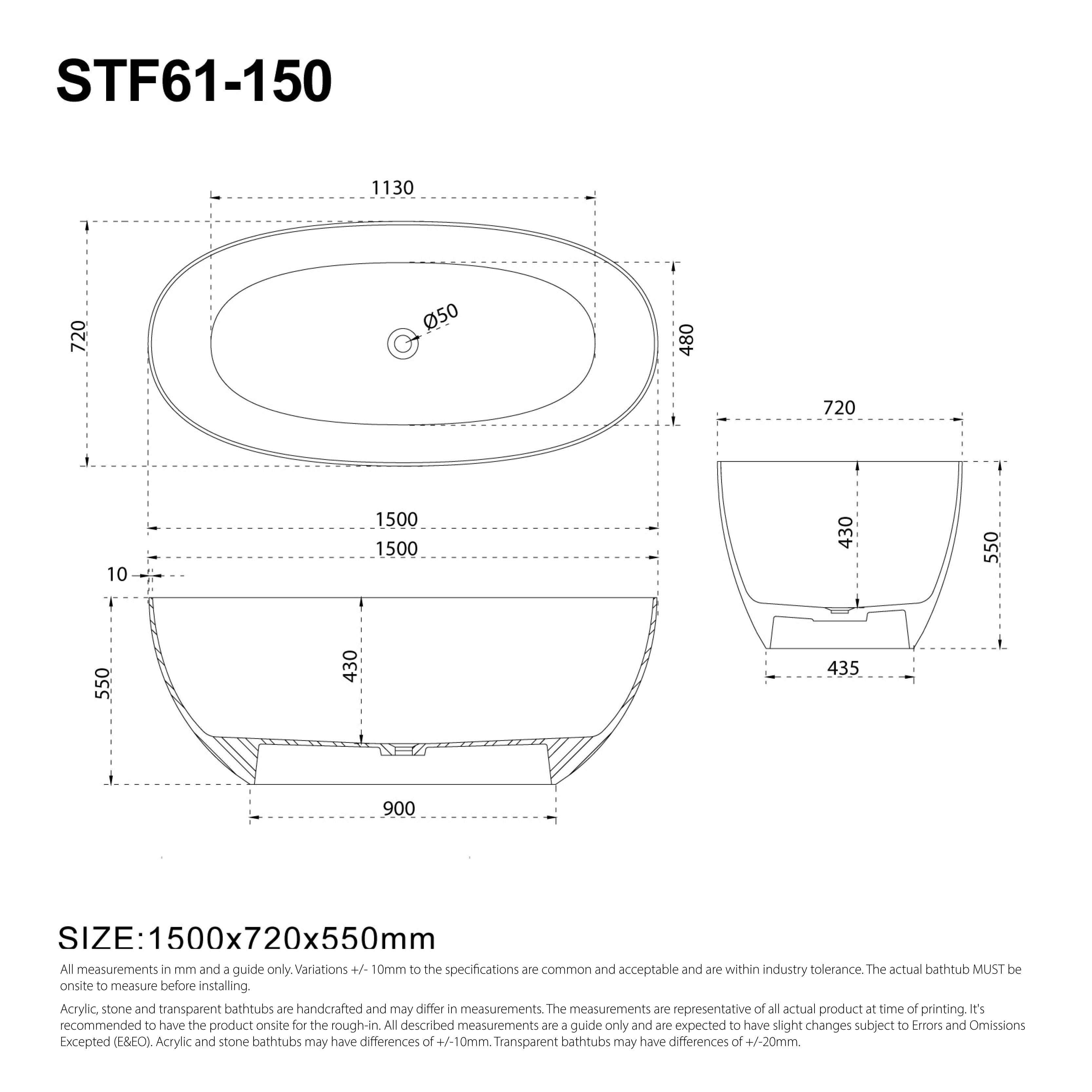DAWN 1500mm Stone Oval Free Standing Bathtub Matte White Baths AROVA