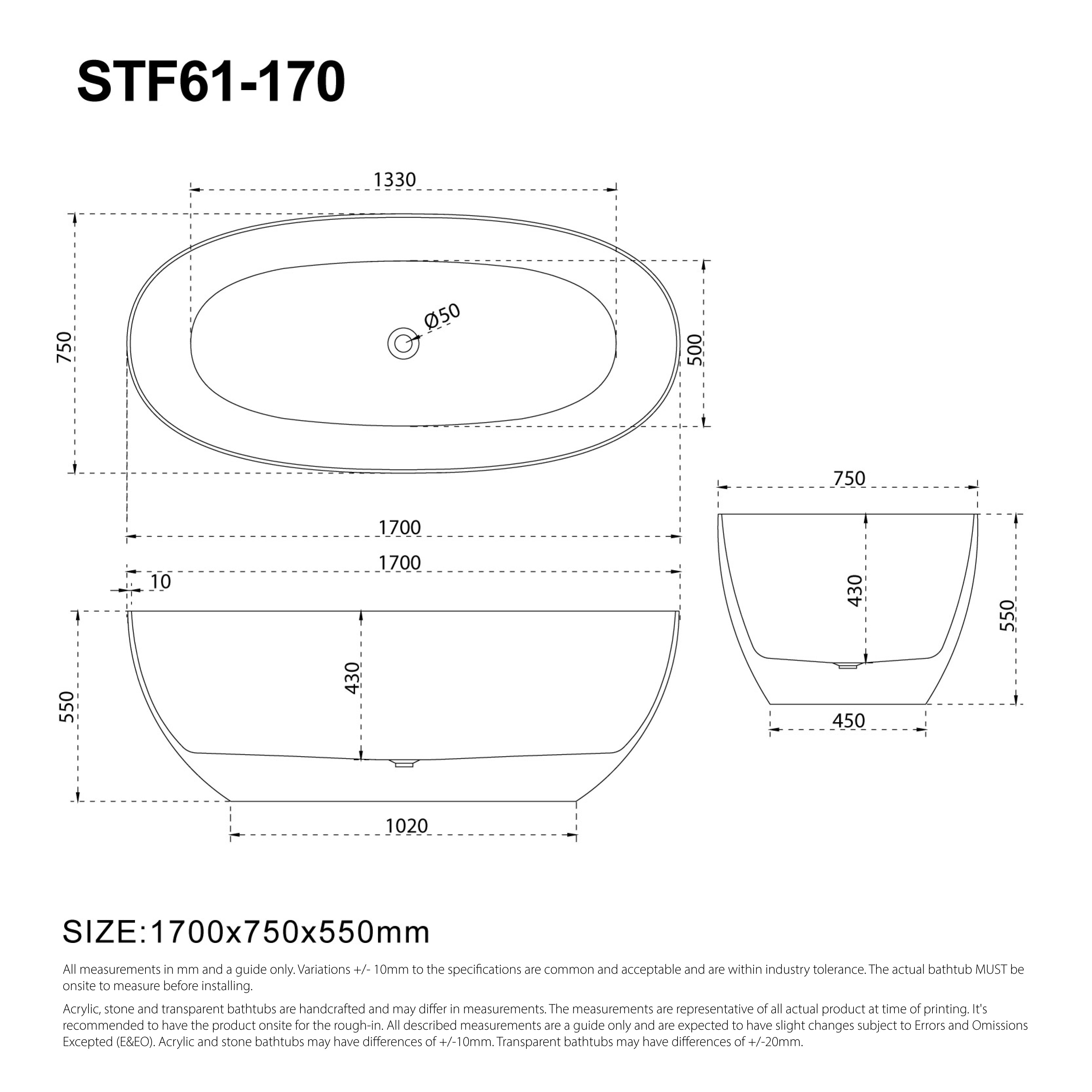 DAWN 1700mm Stone Oval Free Standing Bathtub Matte White Baths AROVA