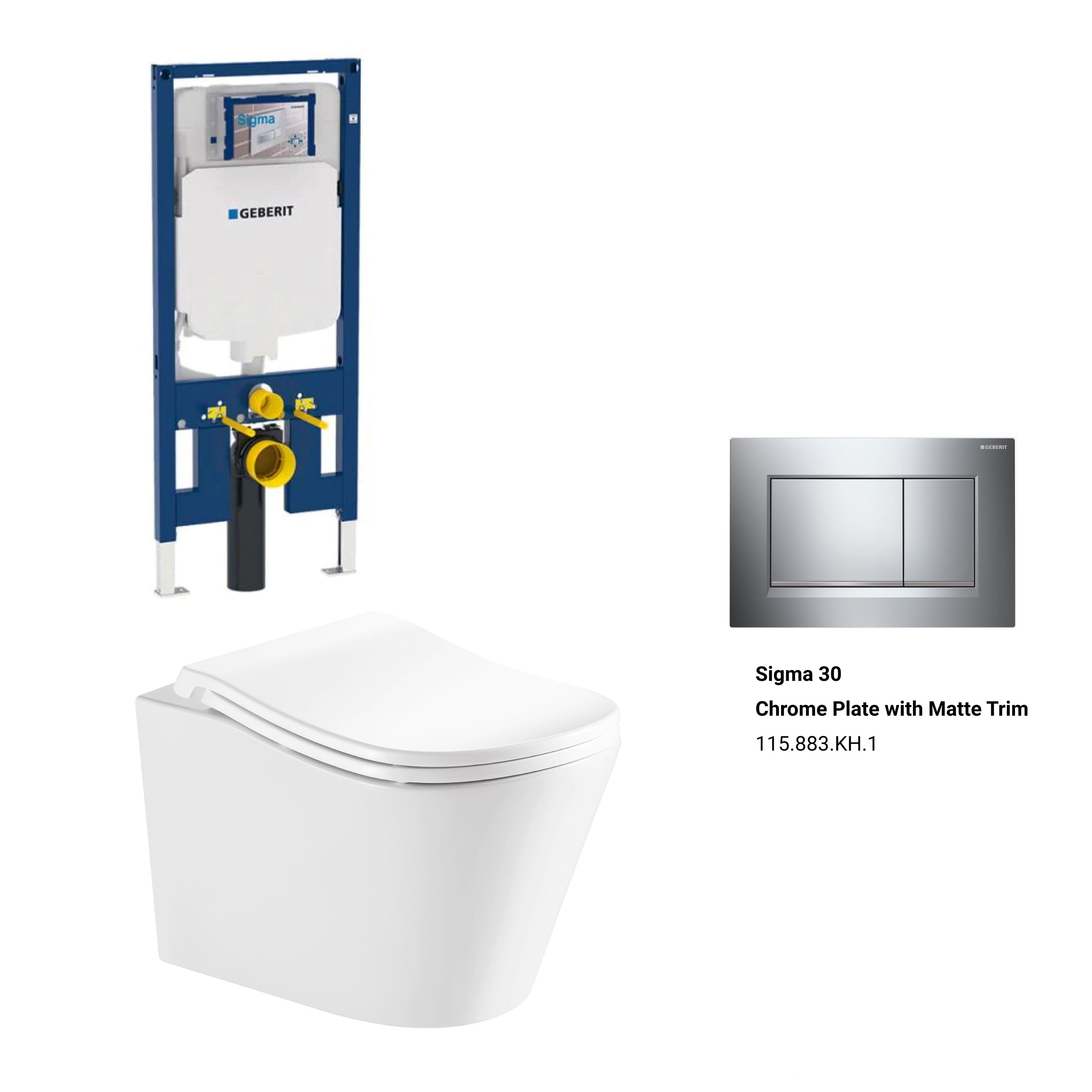Edge52 Rimless Tornado Toilet Package - Geberit Sigma 8 Duofix In Wall Cistern & Square Button Arova Chrome plate with matt trim