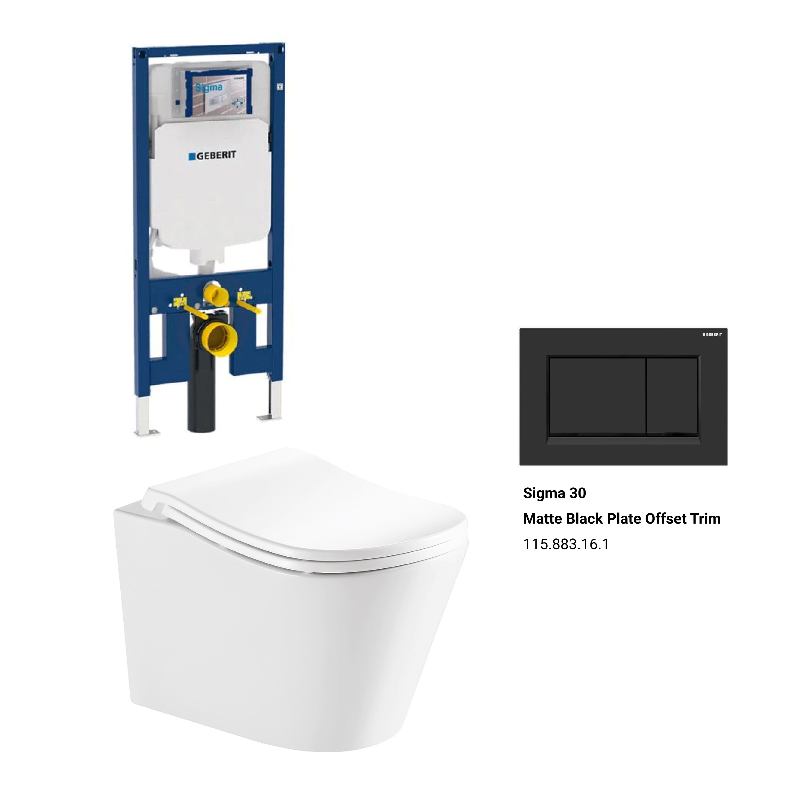 Edge52 Rimless Tornado Toilet Package - Geberit Sigma 8 Duofix In Wall Cistern & Square Button Arova Fingerprint-resistant matt black plate & buttons with offset trim