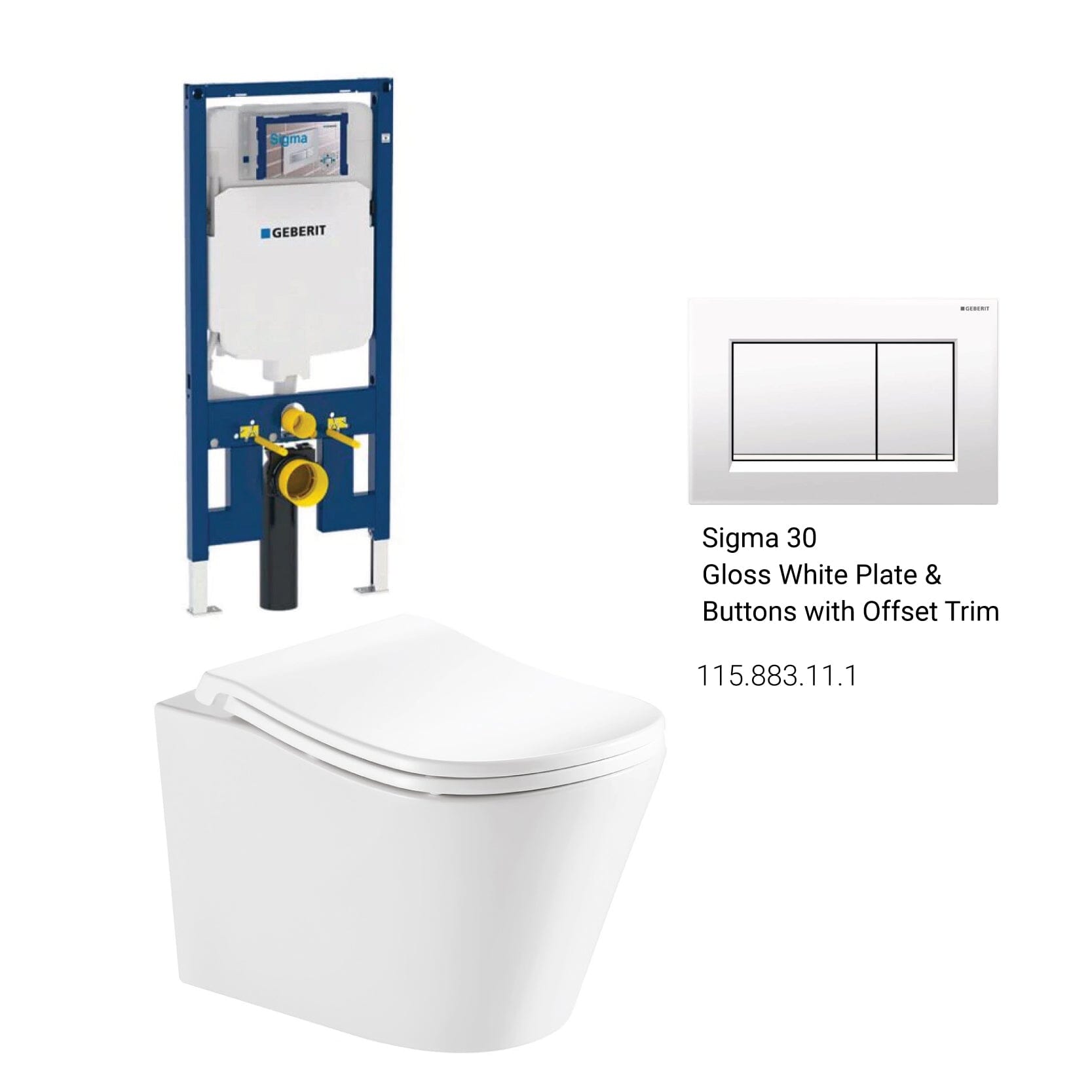 Edge52 Rimless Tornado Toilet Package - Geberit Sigma 8 Duofix In Wall Cistern & Square Button Arova Gloss white plate & buttons with offset trim