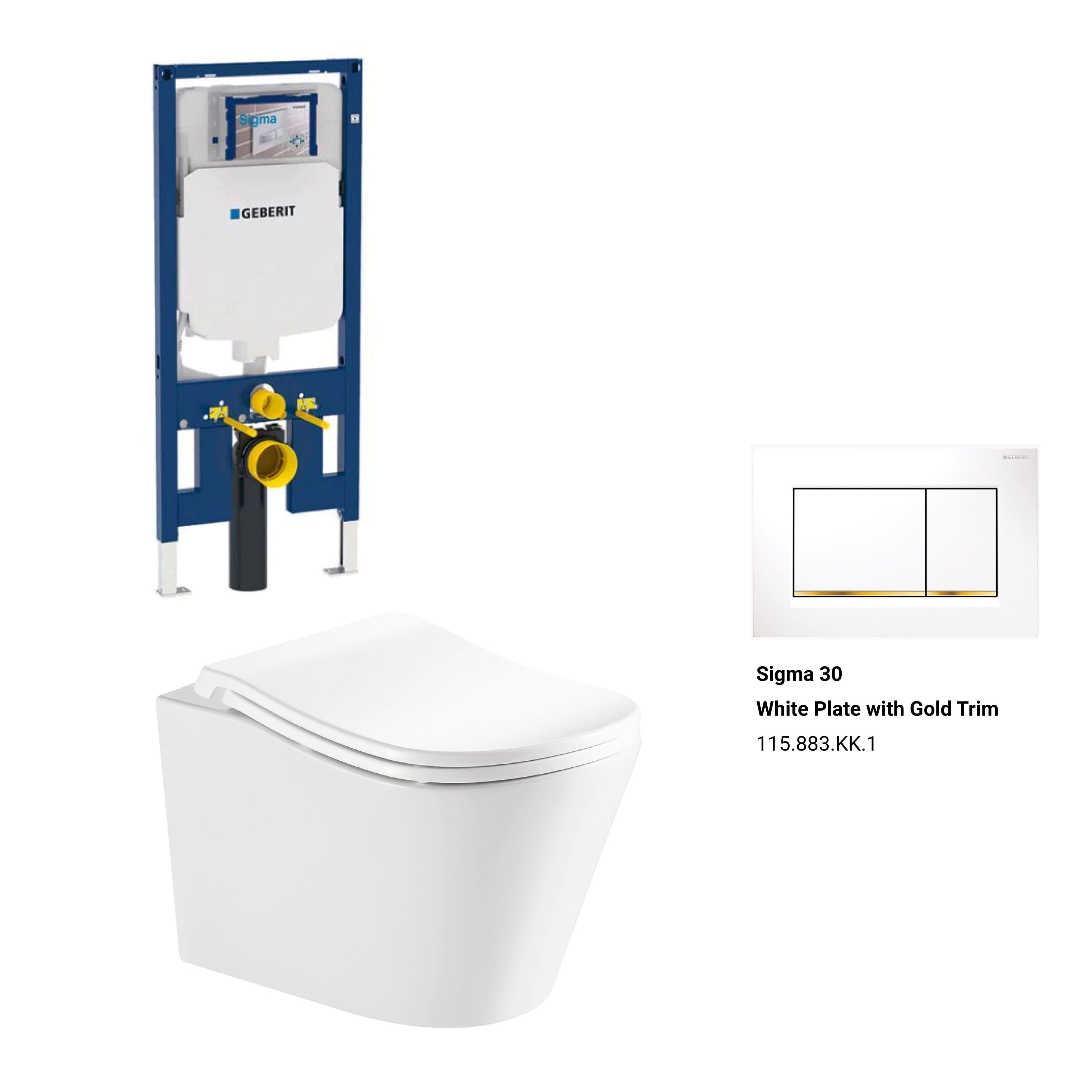 Edge52 Rimless Tornado Toilet Package - Geberit Sigma 8 Duofix In Wall Cistern & Square Button Arova White plate with gold trim