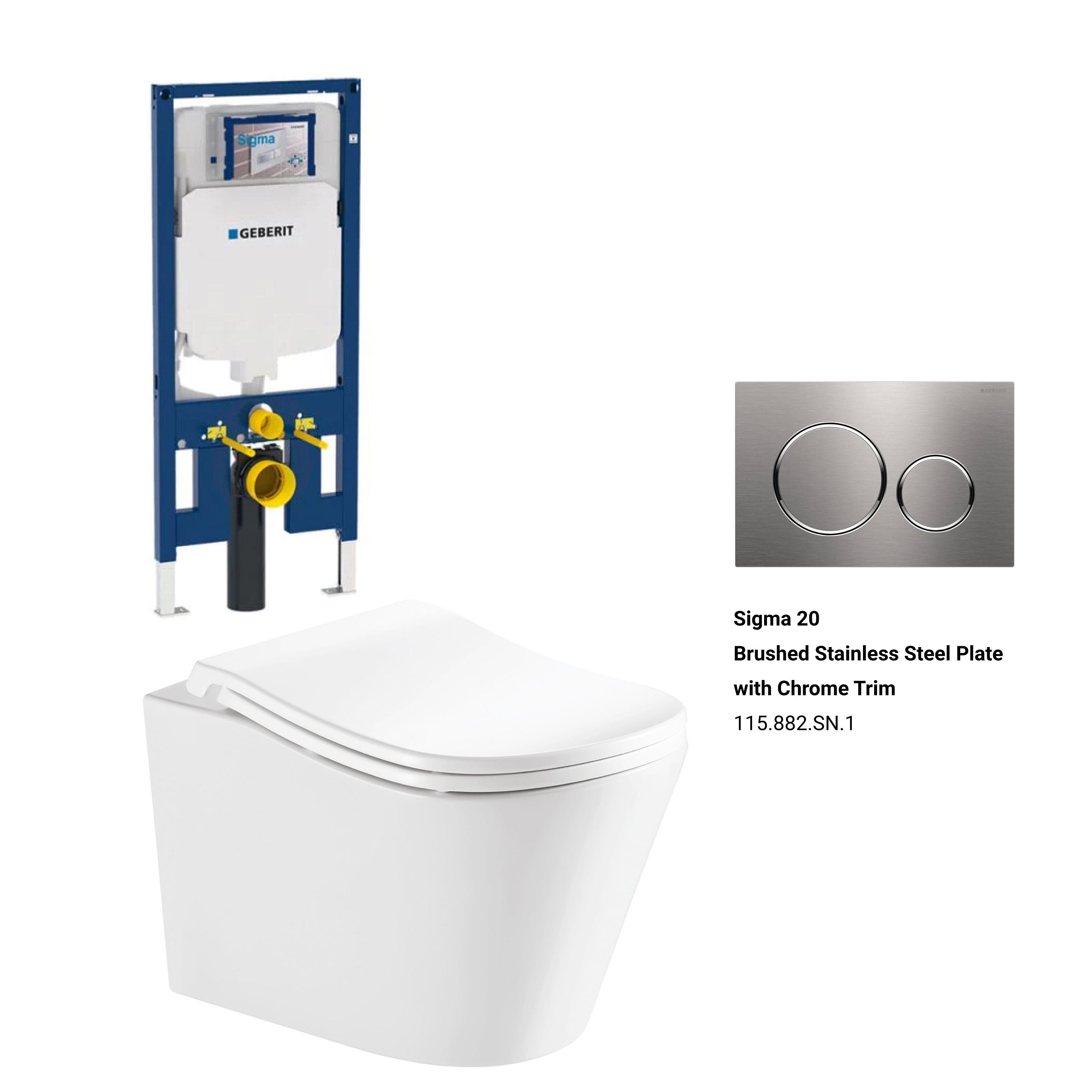 Edge52 Rimless Tornado Wall Hung Toilet + Geberit Stainless Steel Button Package Arova