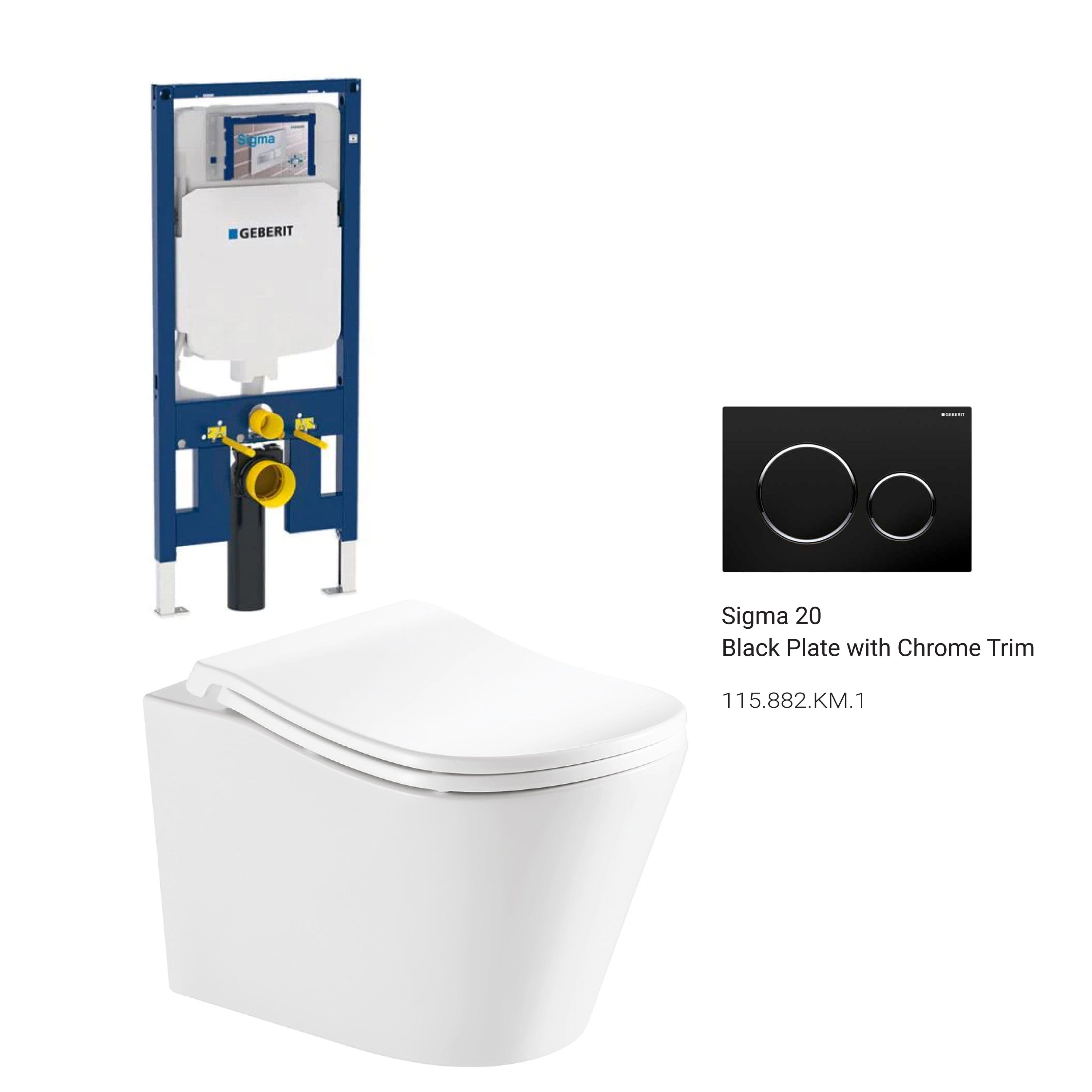 Edge52 Rimless Tornado Wall Hung Toilet Package - Geberit Sigma 8 Duofix In Wall Cistern & Round Button Arova Black plate with chrome trim