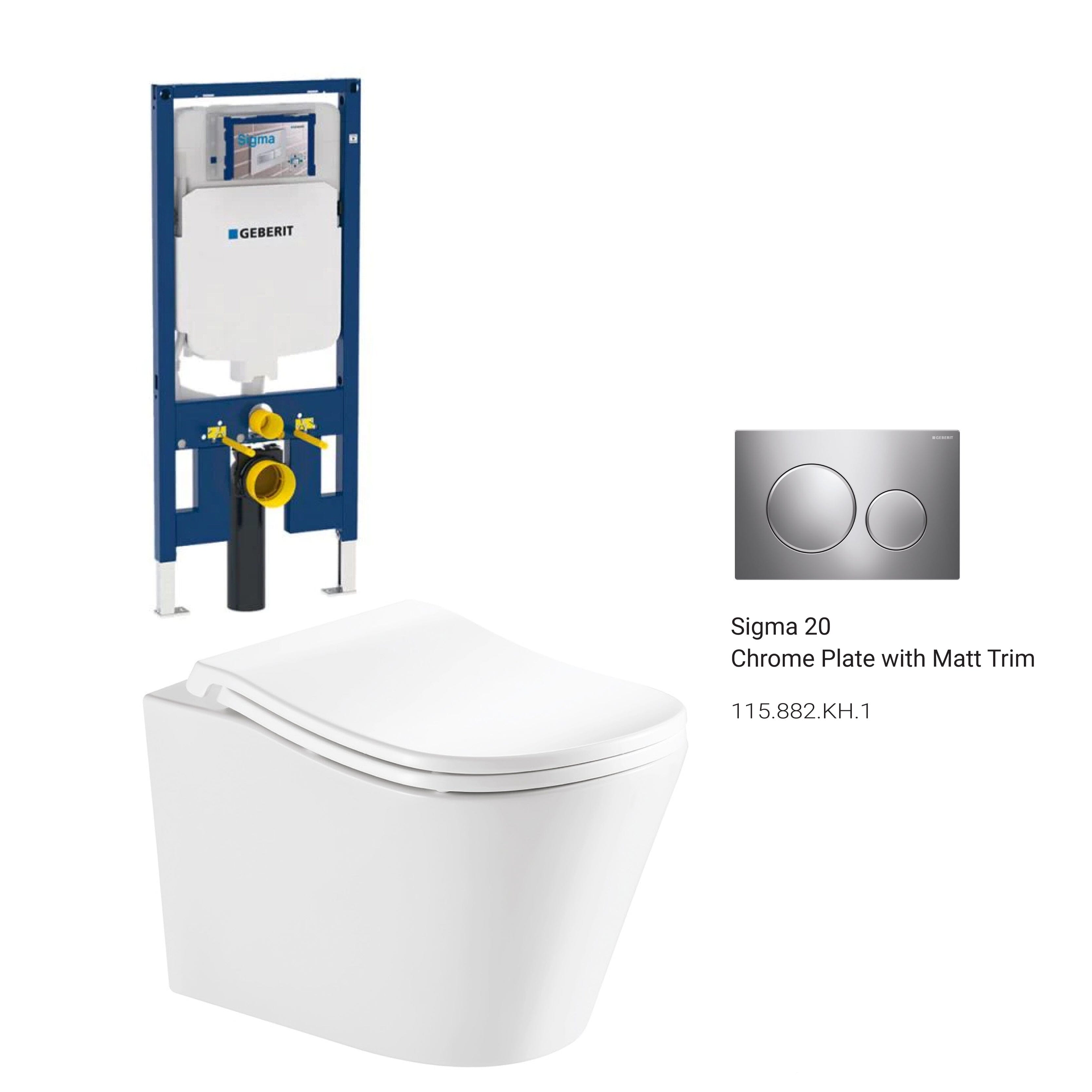 Edge52 Rimless Tornado Wall Hung Toilet Package - Geberit Sigma 8 Duofix In Wall Cistern & Round Button Arova Chrome plate with matt trim