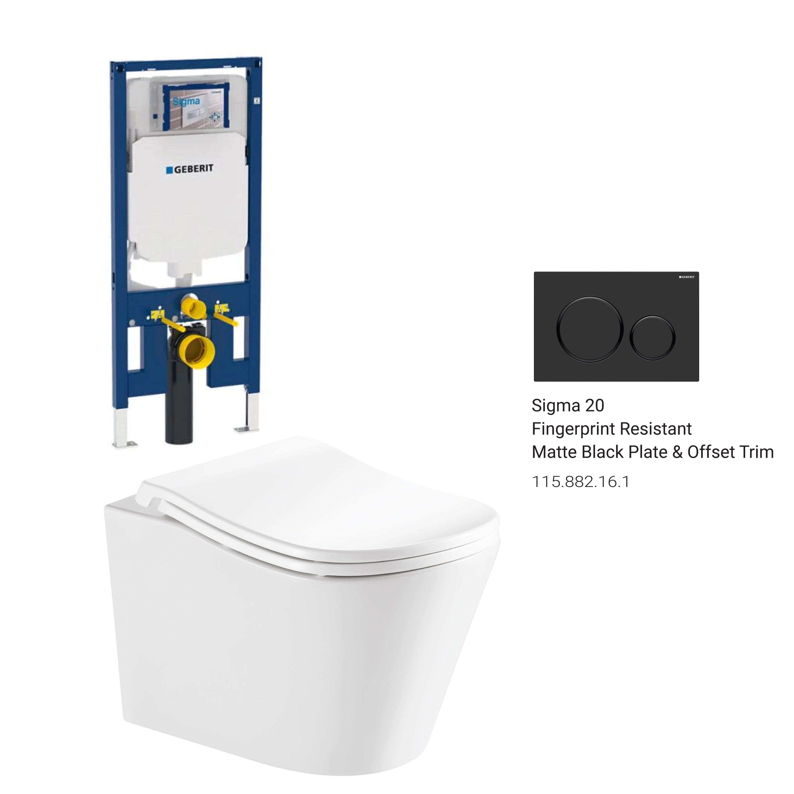 Edge52 Rimless Tornado Wall Hung Toilet Package - Geberit Sigma 8 Duofix In Wall Cistern & Round Button Arova Fingerprint-resistant matt black plate & button with offset trim