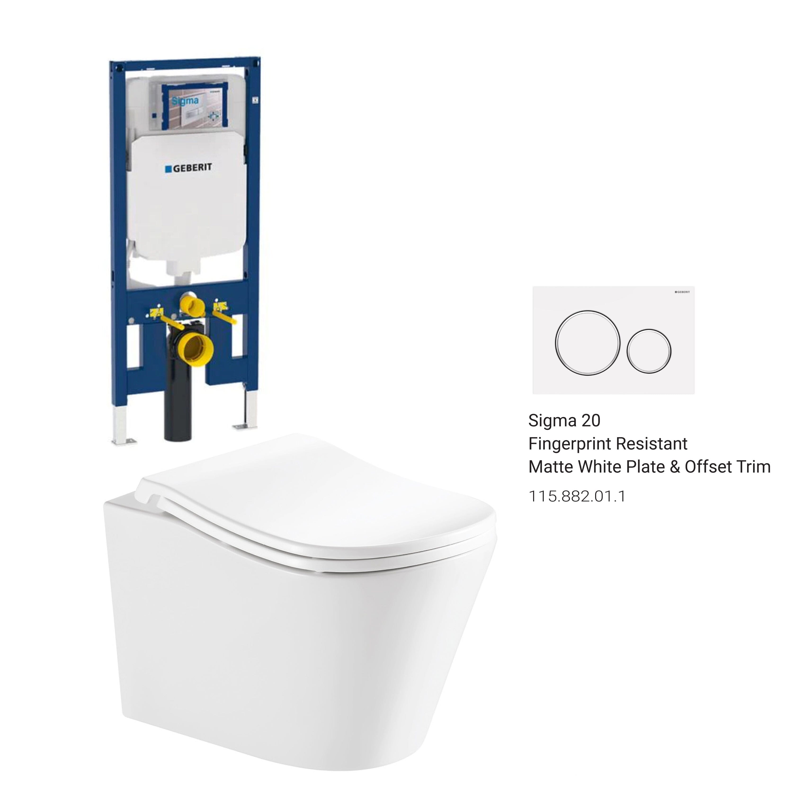 Edge52 Rimless Tornado Wall Hung Toilet Package - Geberit Sigma 8 Duofix In Wall Cistern & Round Button Arova Fingerprint-resistant matt white plate & button with offset trim