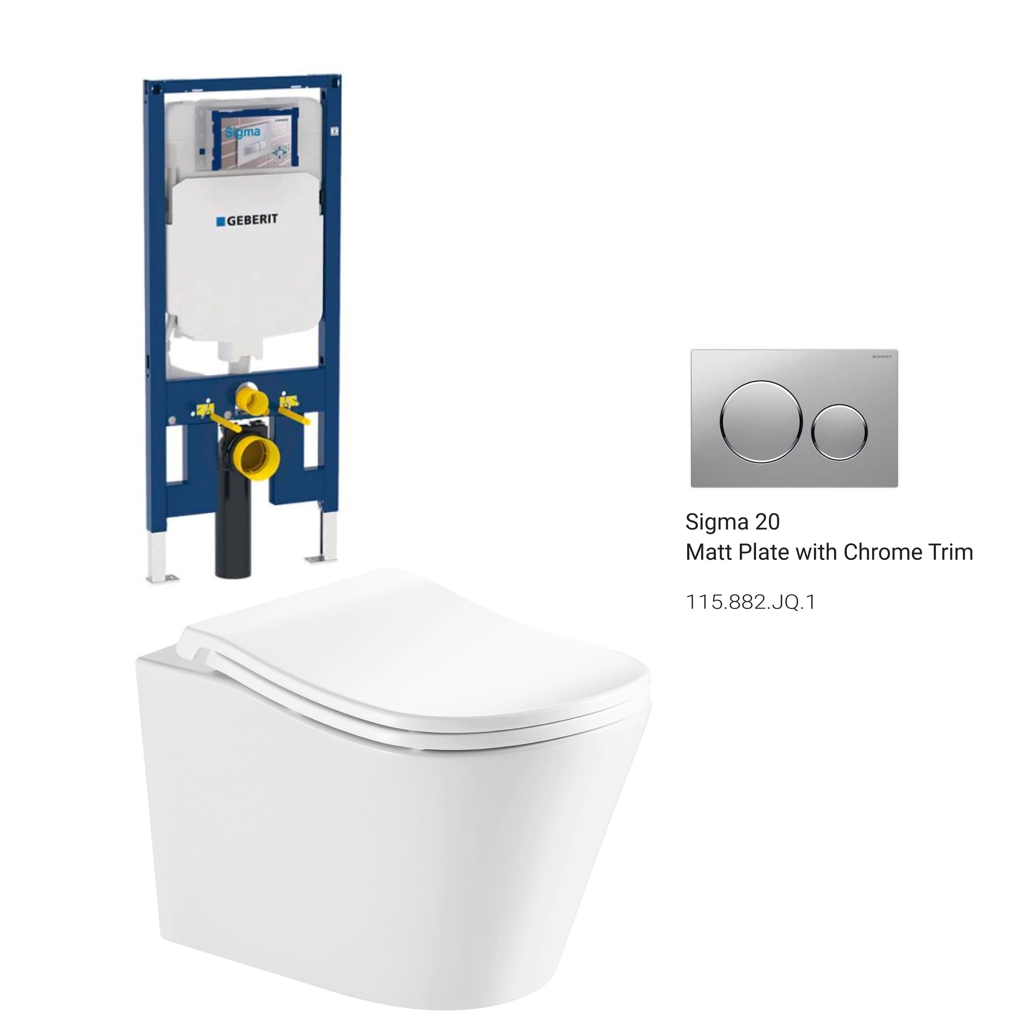 Edge52 Rimless Tornado Wall Hung Toilet Package - Geberit Sigma 8 Duofix In Wall Cistern & Round Button Arova Matt plate with chrome trim